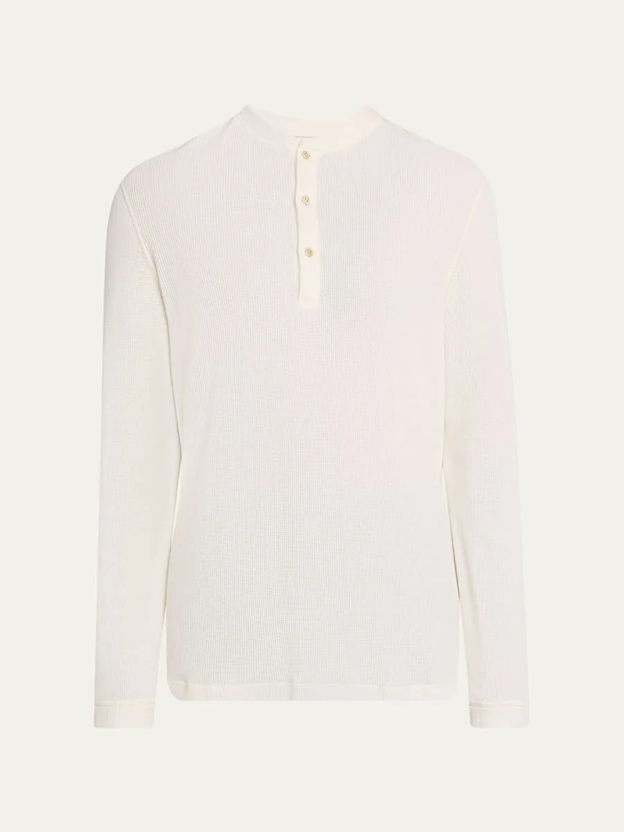 Men's Cashmere and Cotton Waffle-Knit Long-Sleeve Henley T-Shirt - 1