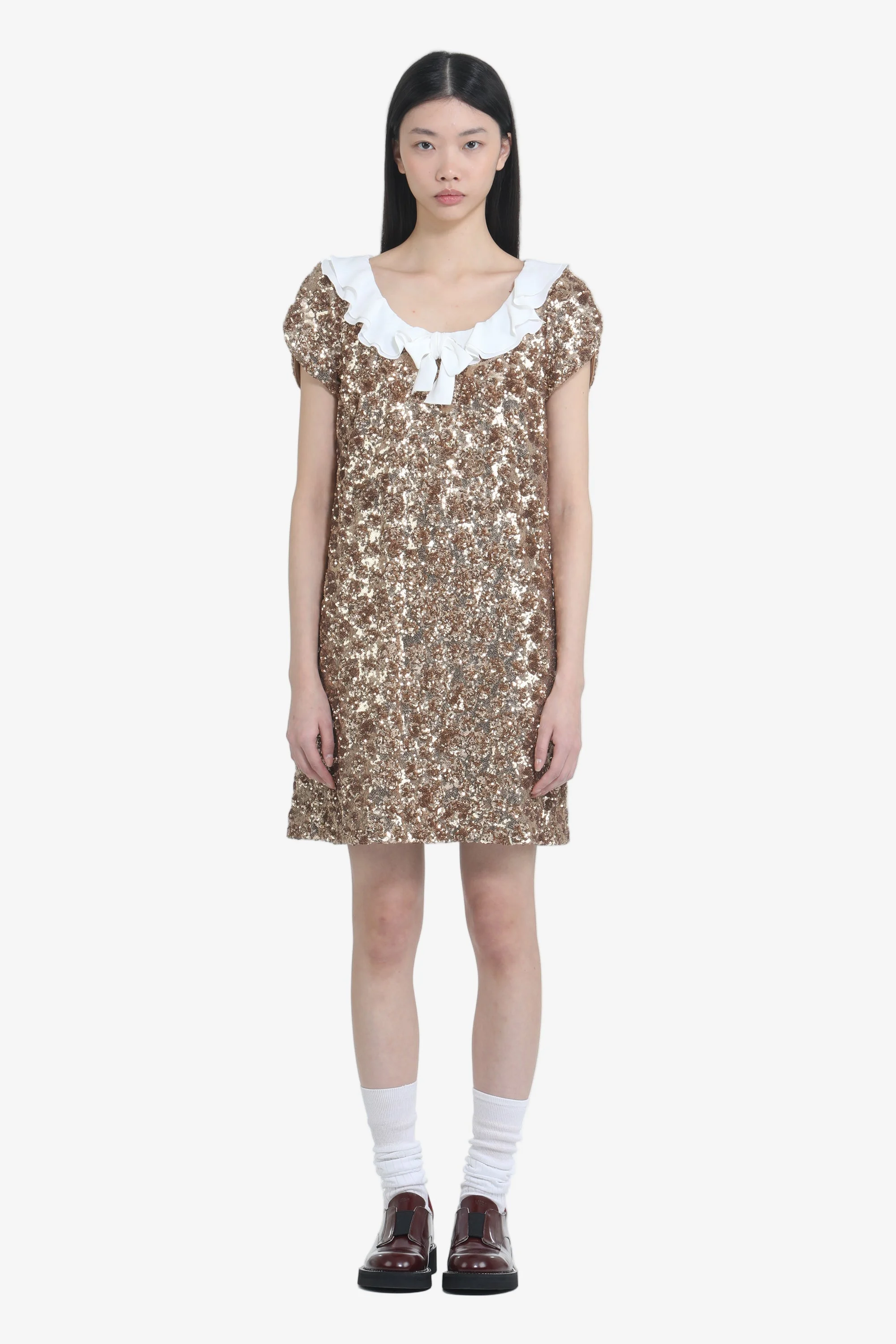 SHORT DRESS WITH GOLD EMBROIDERY AND RUFFLED COLLAR - 1