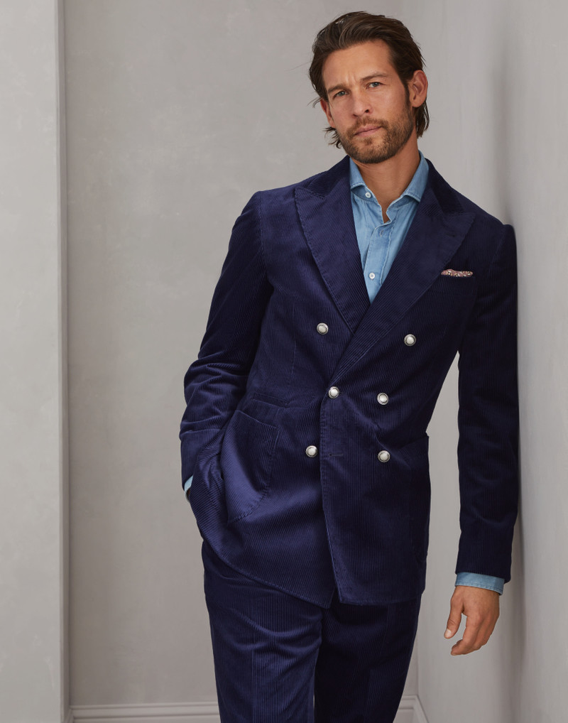 Sea Island cotton corduroy one-and-a-half breasted deconstructed blazer with patch pockets and metal 4