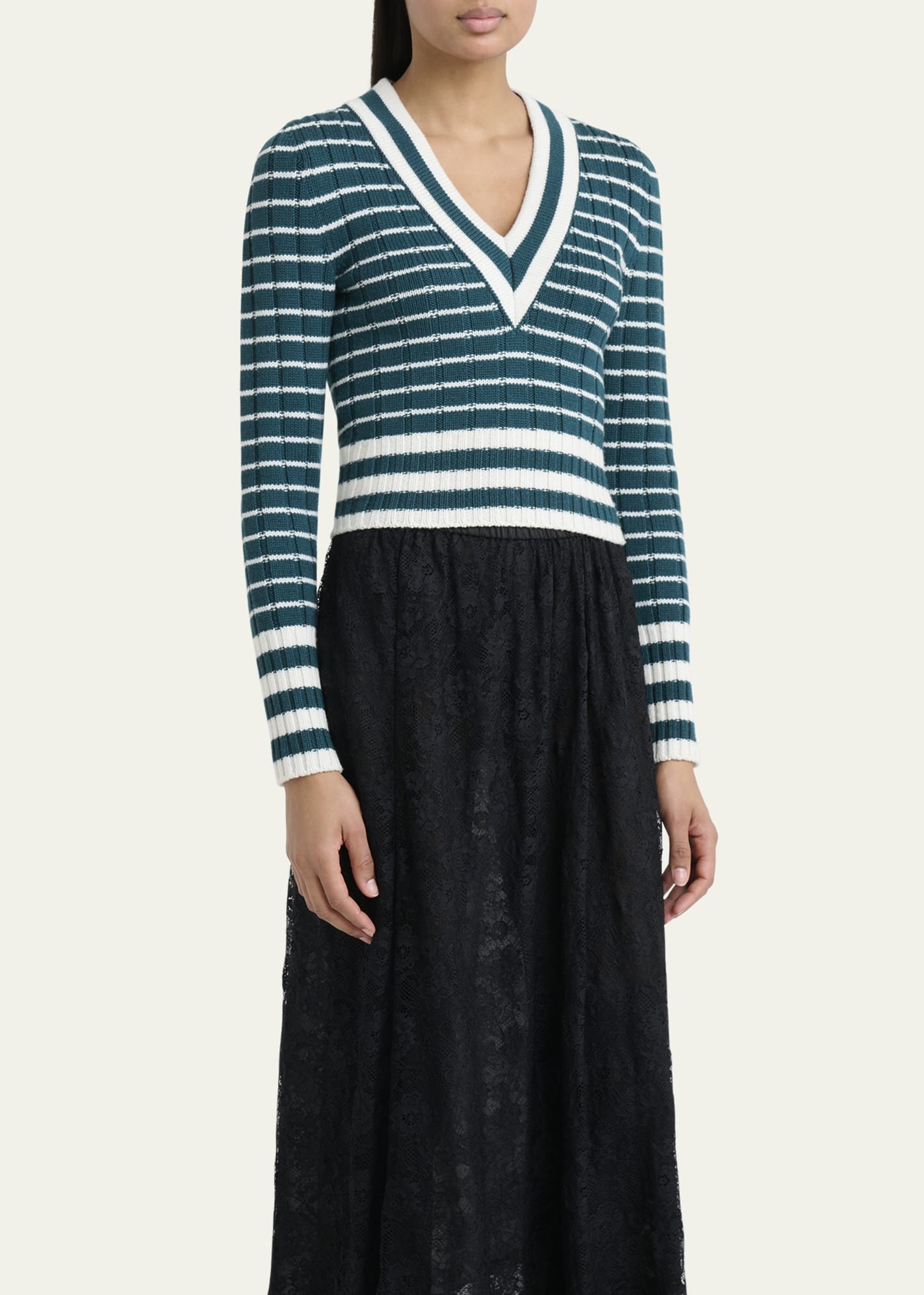 V-Neck Striped Merino Knit Sweater - 4