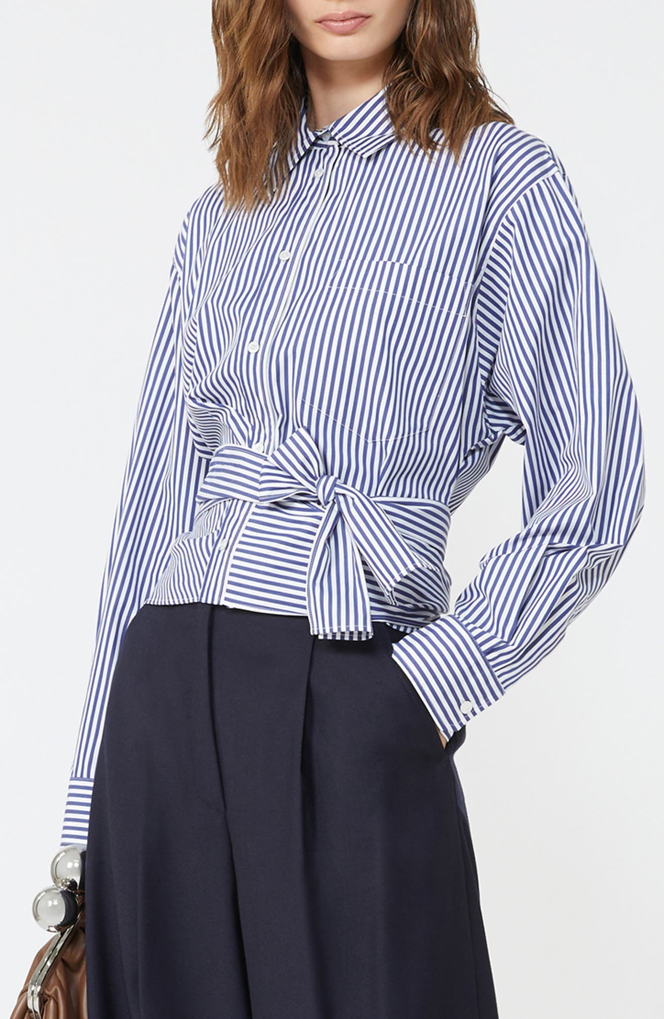Weekend Max Mara Fresco Stripe Side Tie Cotton Button-Up Shirt in Navy at Nordstrom - 3