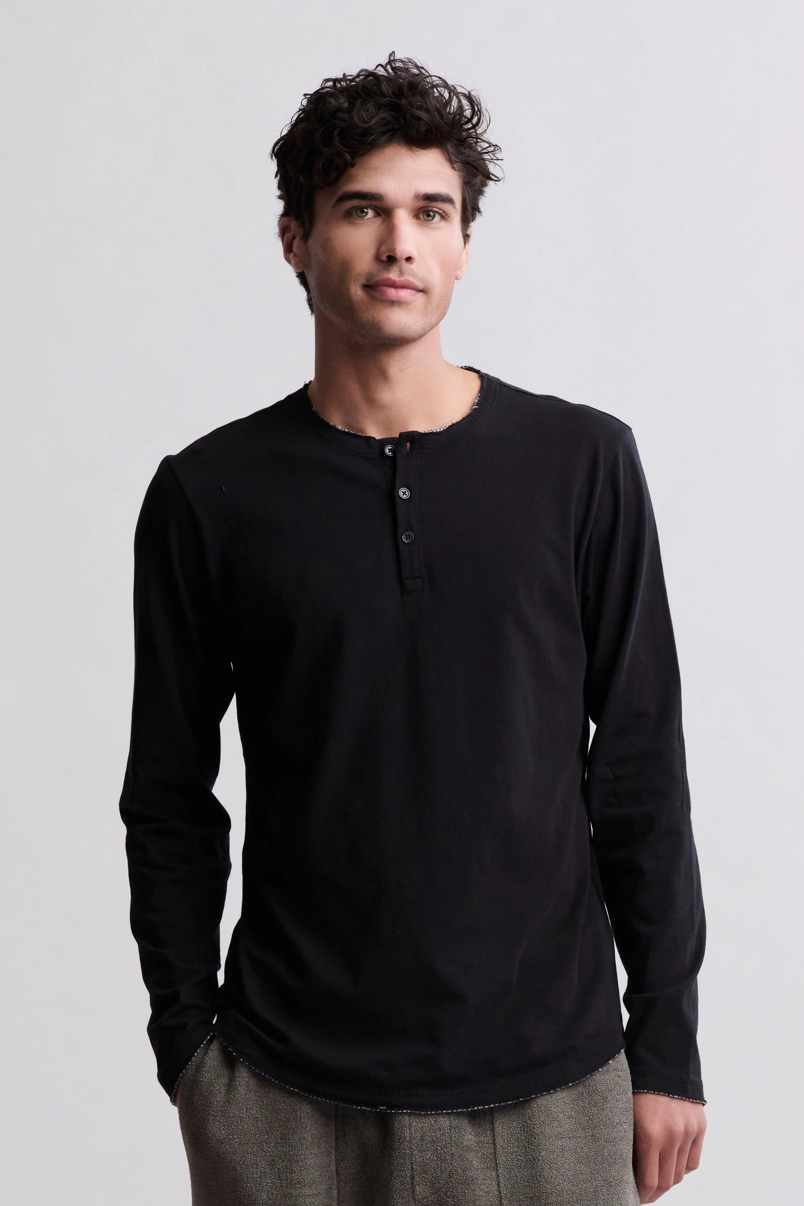 Malibu Collection® Long Sleeve Henley With Woven Detail - 1