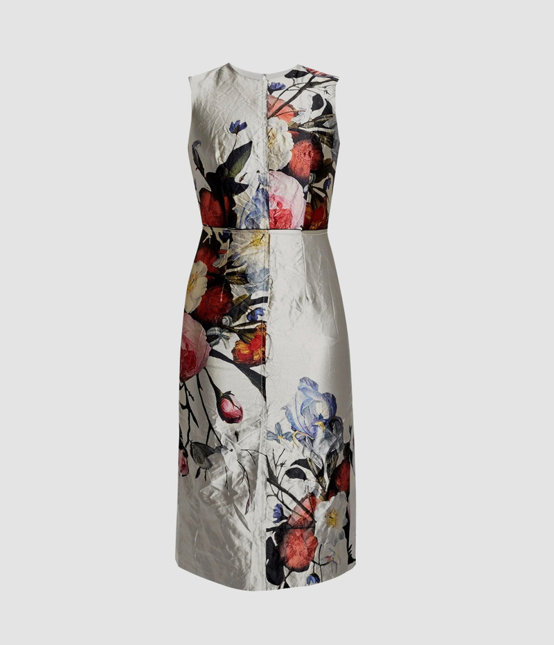 FLORAL PRINT TEXTURED SATIN SLEEVELESS MIDI DRESS 1