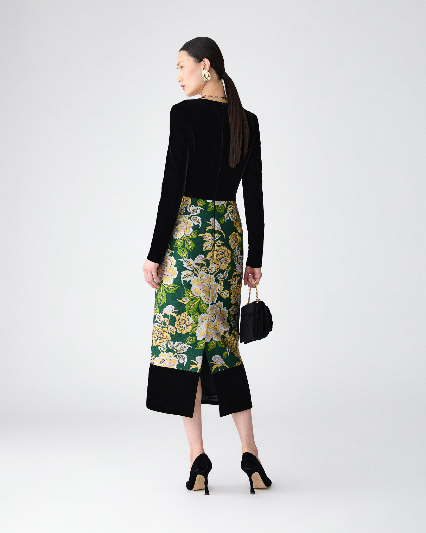 Floral Jacquard and Velvet Midi Dress - 3