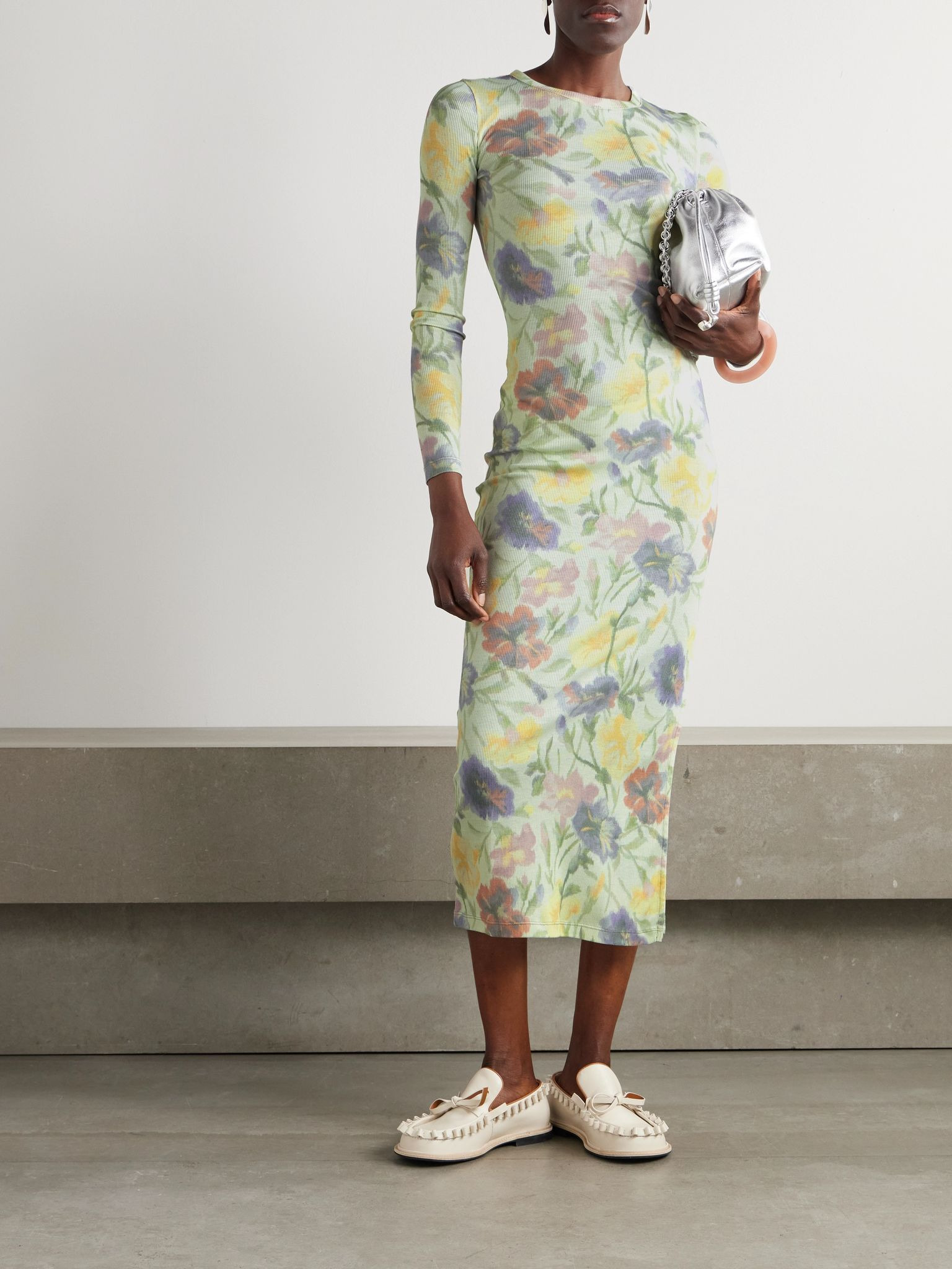 Floral-print ribbed silk and cotton-blend midi dress Green - 2