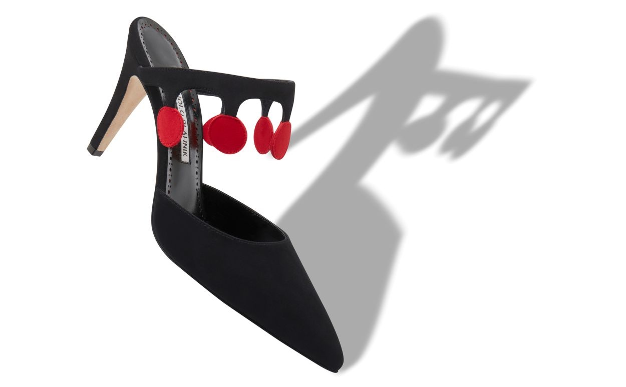 Black and Red Suede Pom Pom Detail Mules - 2