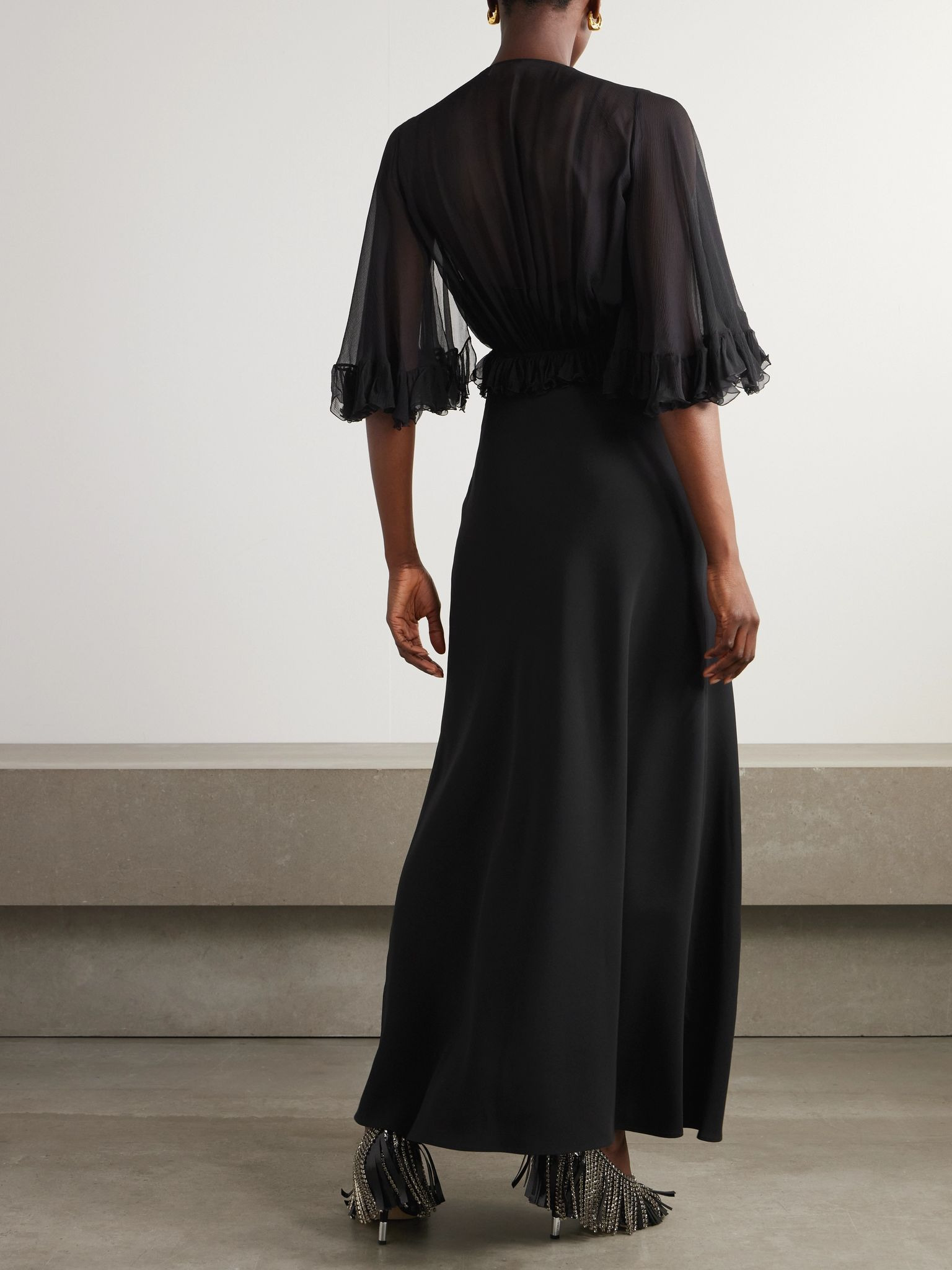 Ruffled silk-crepon and crepe maxi dress Black - 3