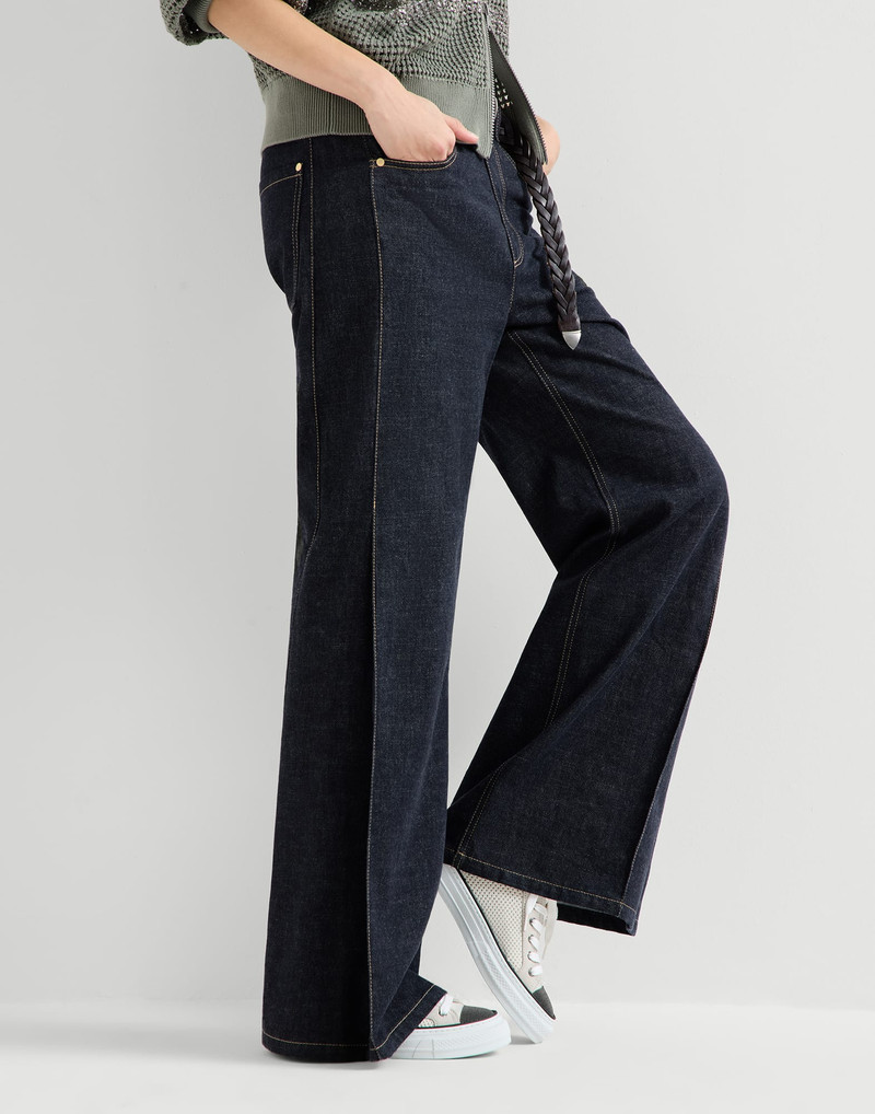 No-fade denim loose flared trousers with monili 5