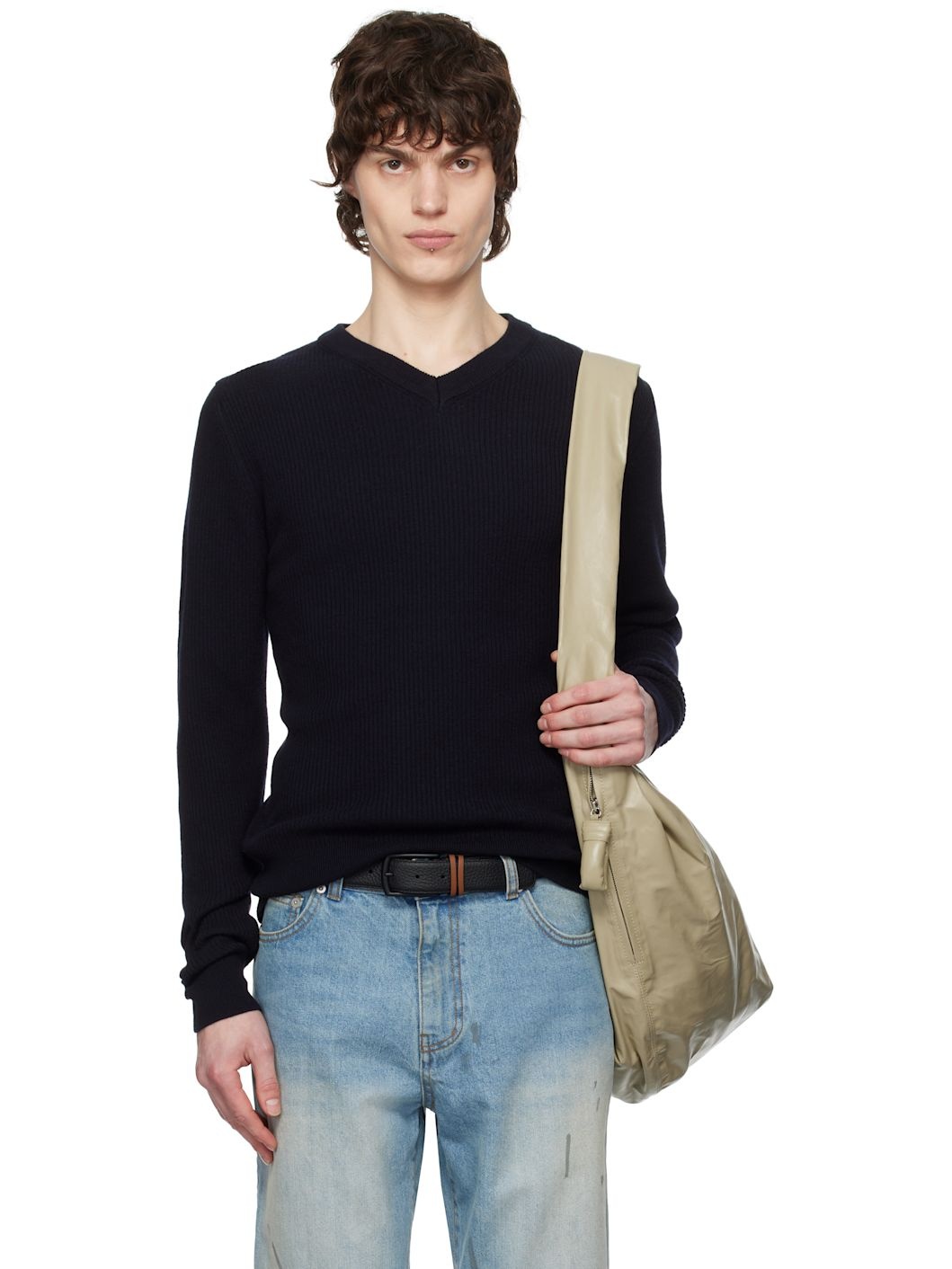 Navy Super Fine Wool Ribbed V-Neck Sweater - 1