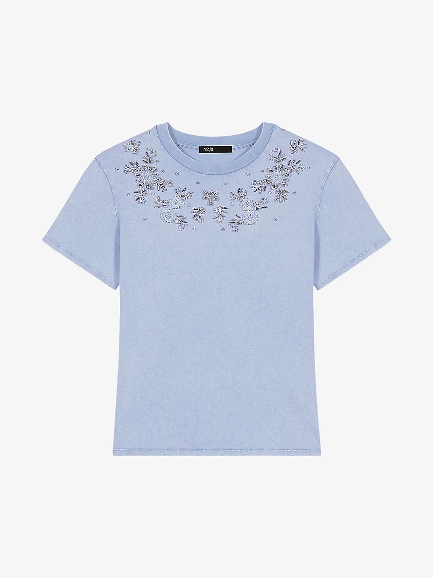 Gem-embroidered short-sleeve cotton T-shirt - 1