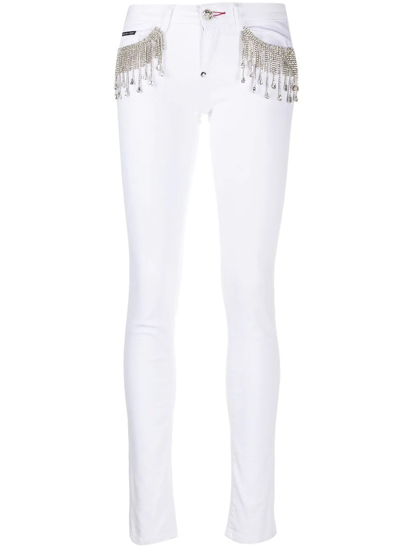 crystal-fringe slim-fit jeans 1