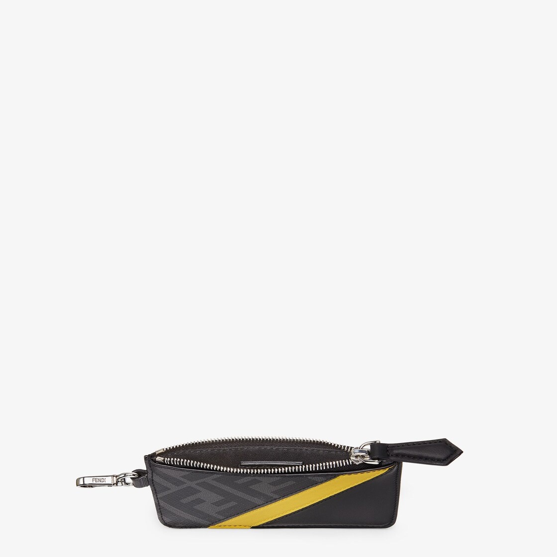Card holder with clip and purse. Made of textured fabric with gray and black FF motif. Embellished w 3