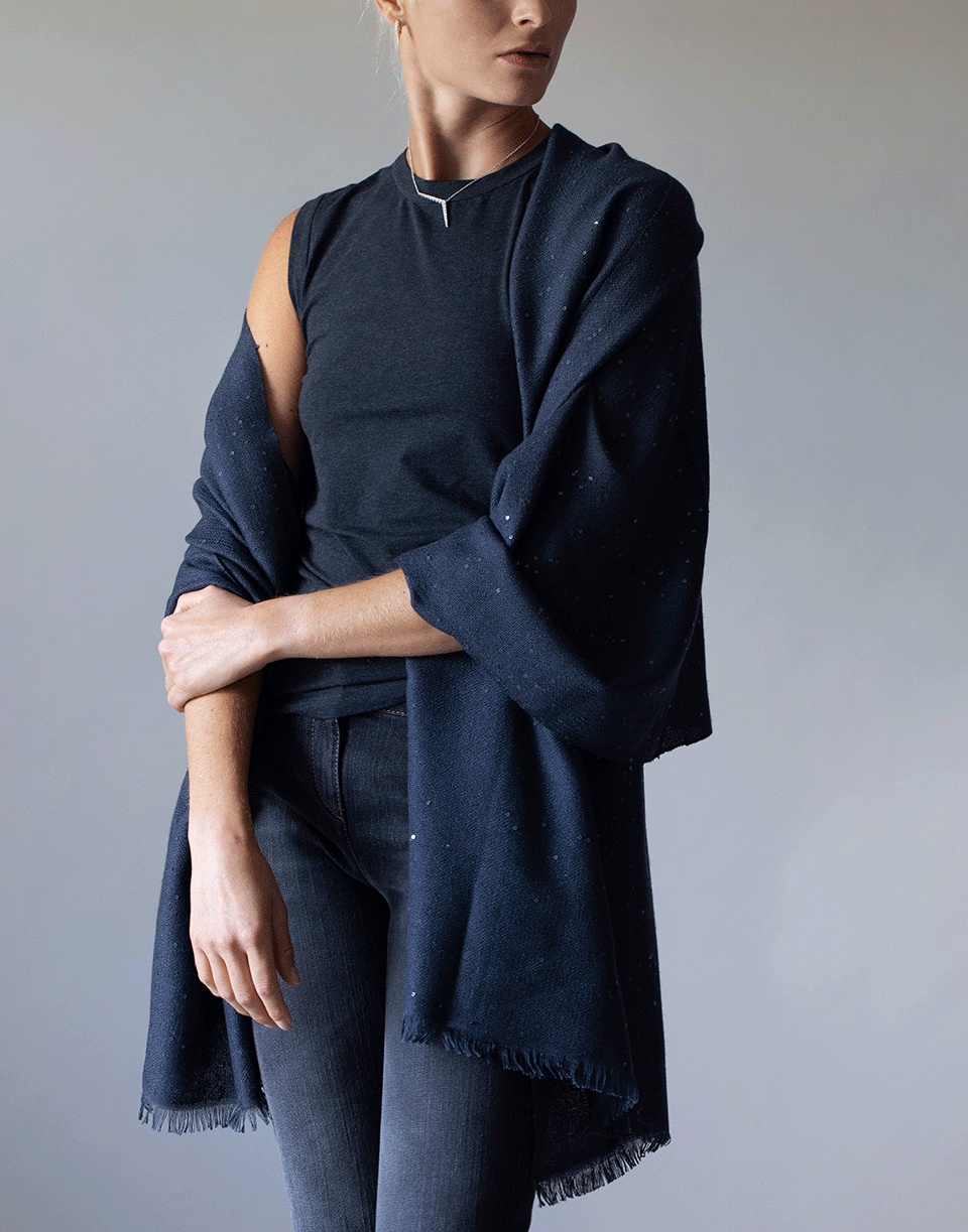 Midnight Cashmere Silk and Paillette Scarf - 2