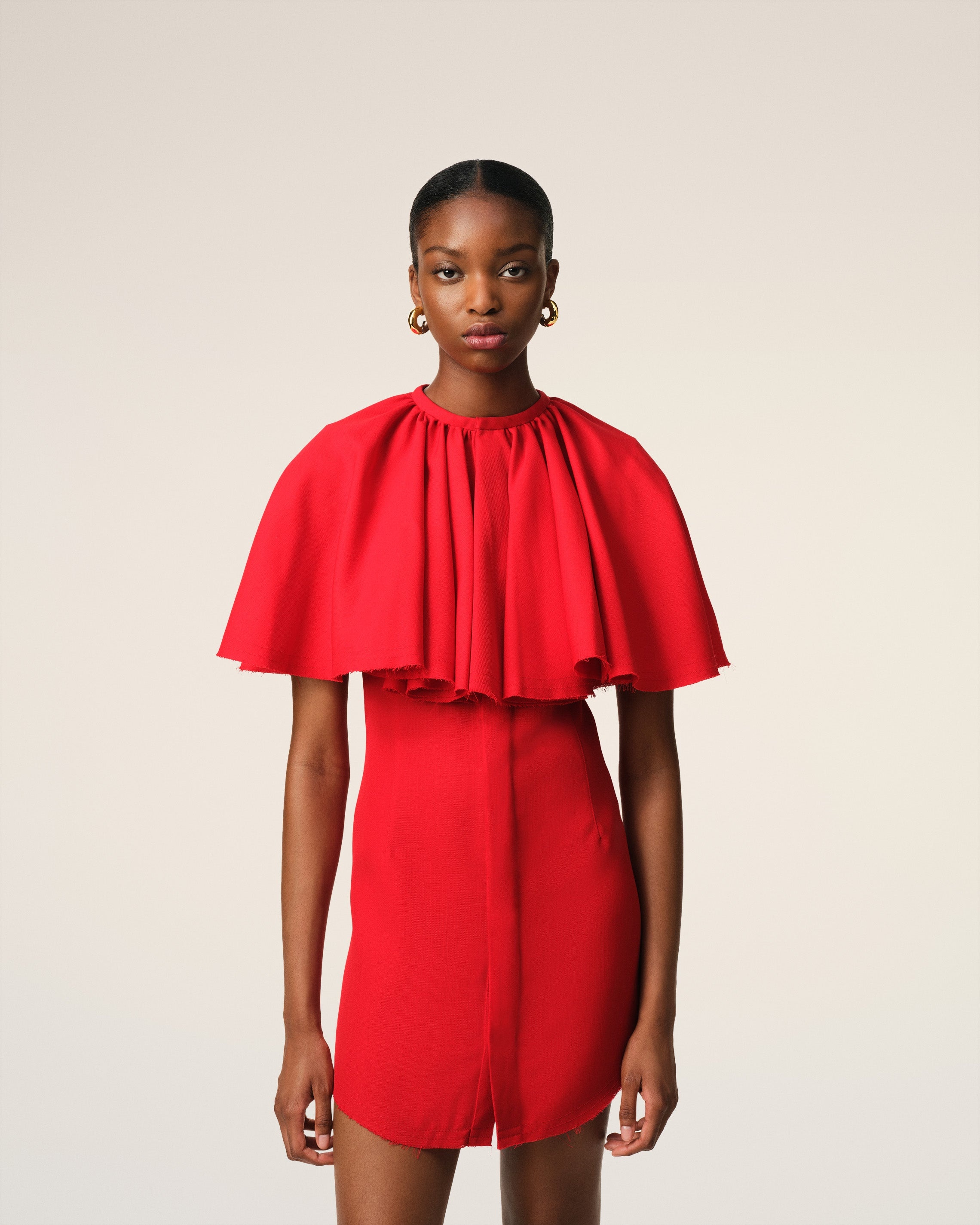 RED WOOL SHIRT DRESS WITH RUFF - 3
