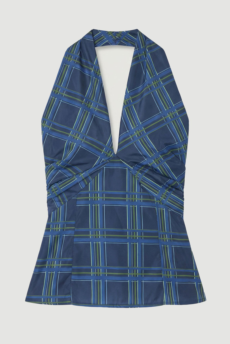 Check Taffeta Cross Front Halter Neck Blouse With Bow Detail 4