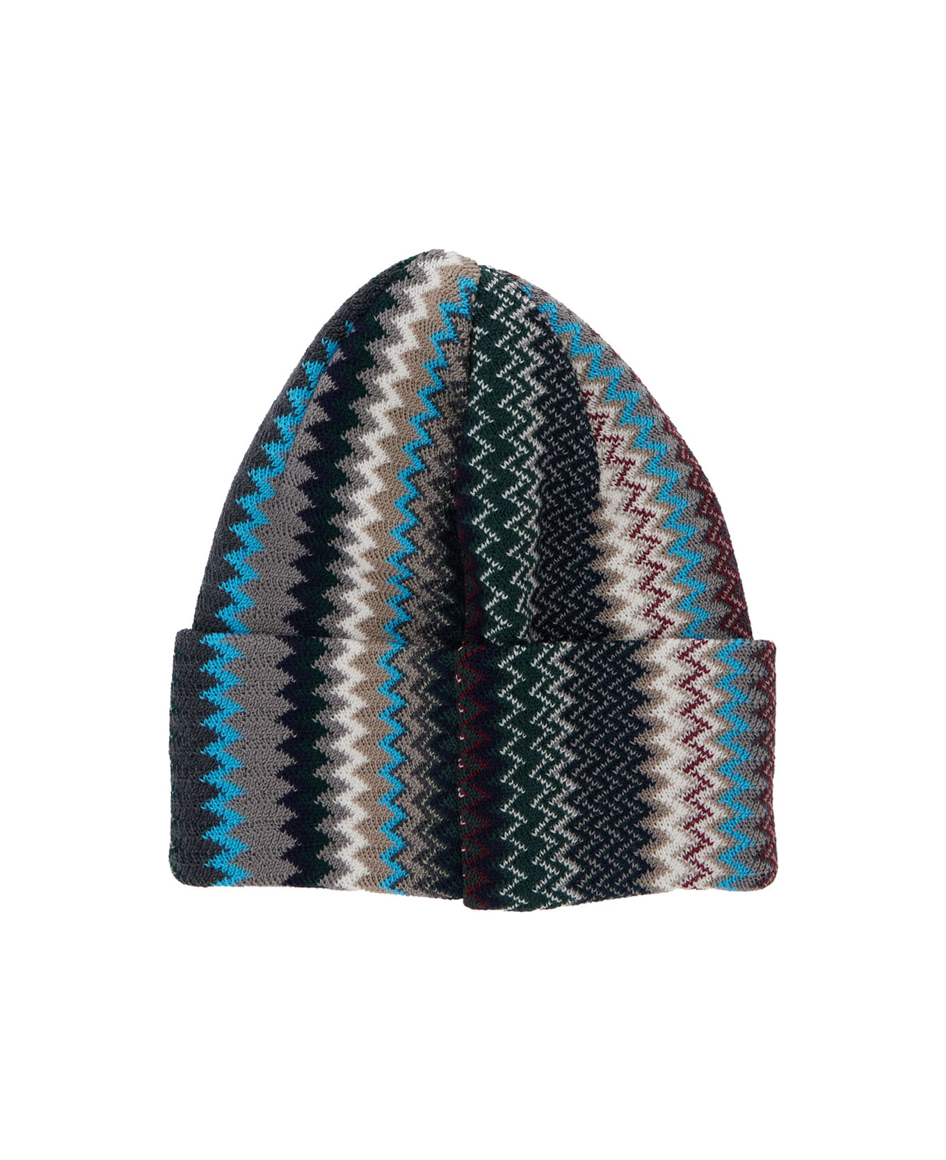 Multicolor Beanie With Turn-up Brim And Zigzag Motif In Wool Man - 2