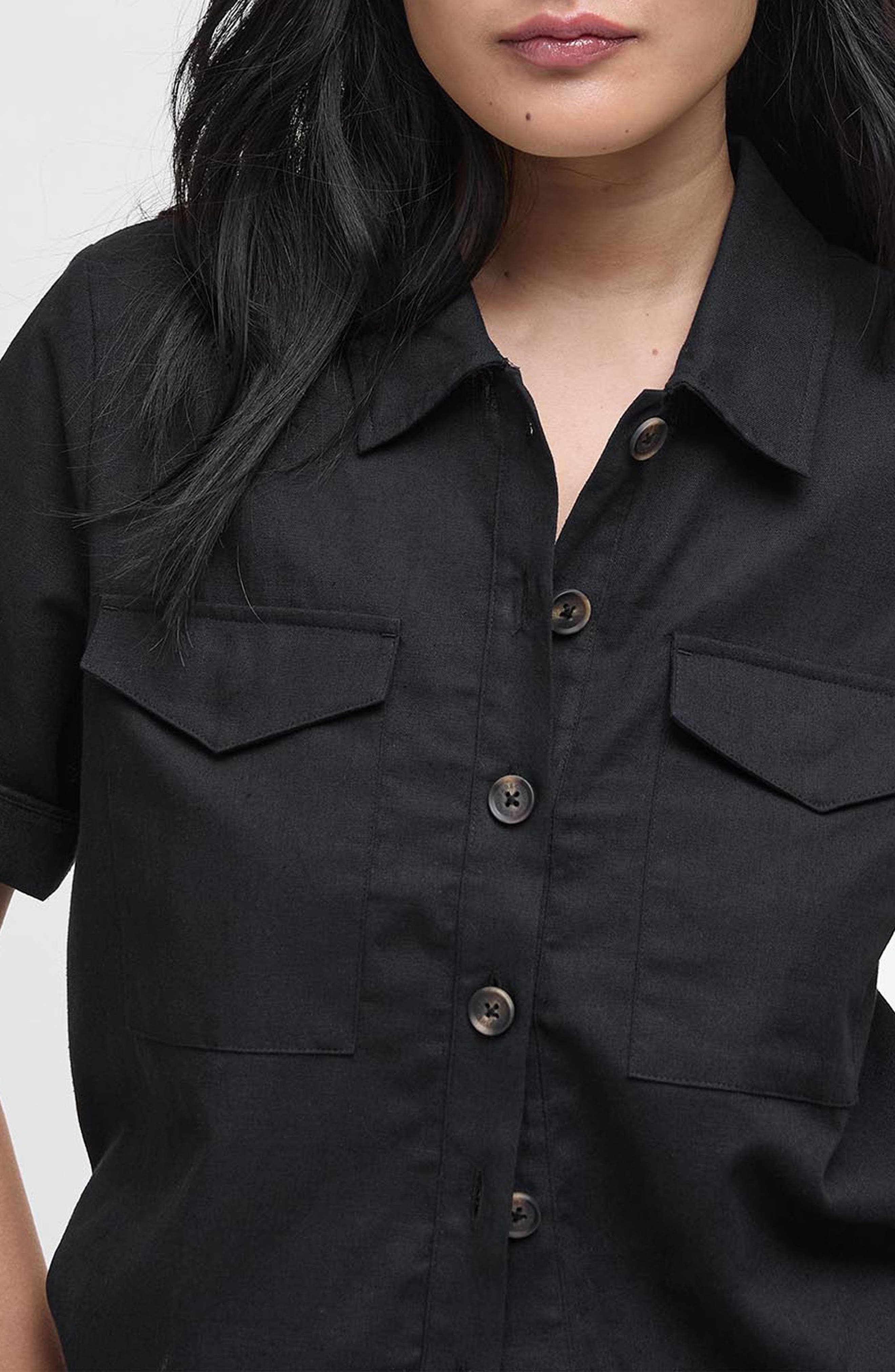 Barbour Luna Short Sleeve Cotton & Linen Button-Up Shirt in Black at Nordstrom - 3