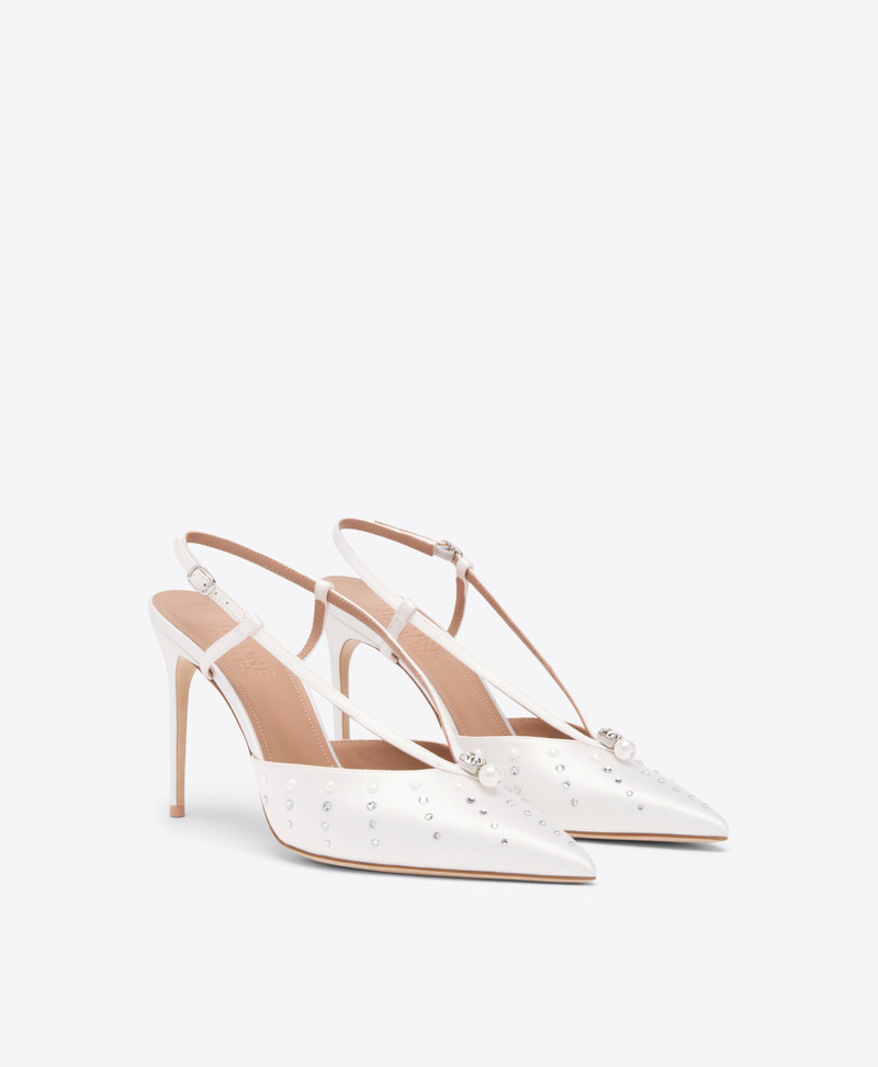 MALONE SOULIERS Moore 90 White Satin Embellished Slingbacks outlook