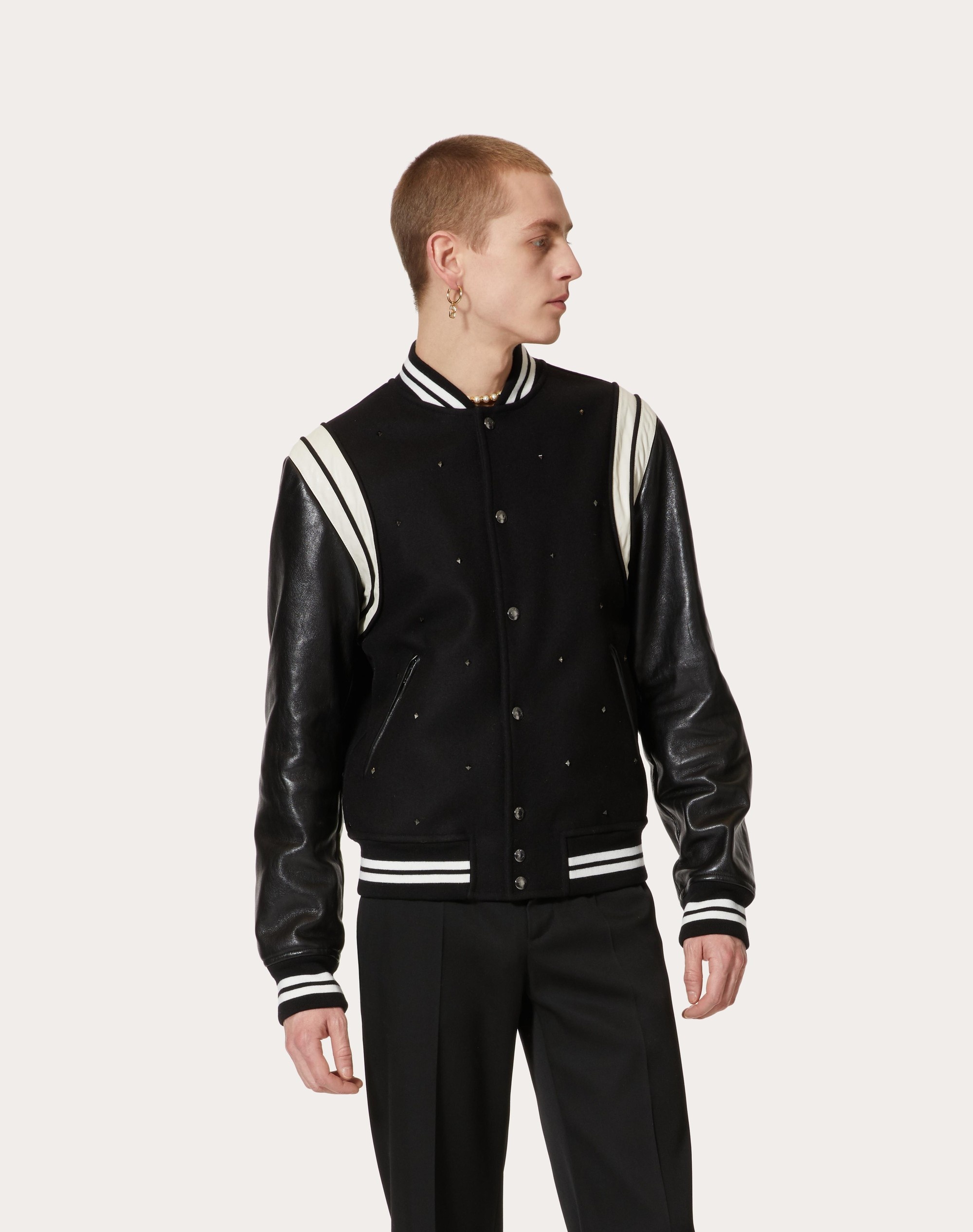 ALL-OVER ROCKSTUD SPIKE WOOL CLOTH AND LEATHER BOMBER JACKET - 3