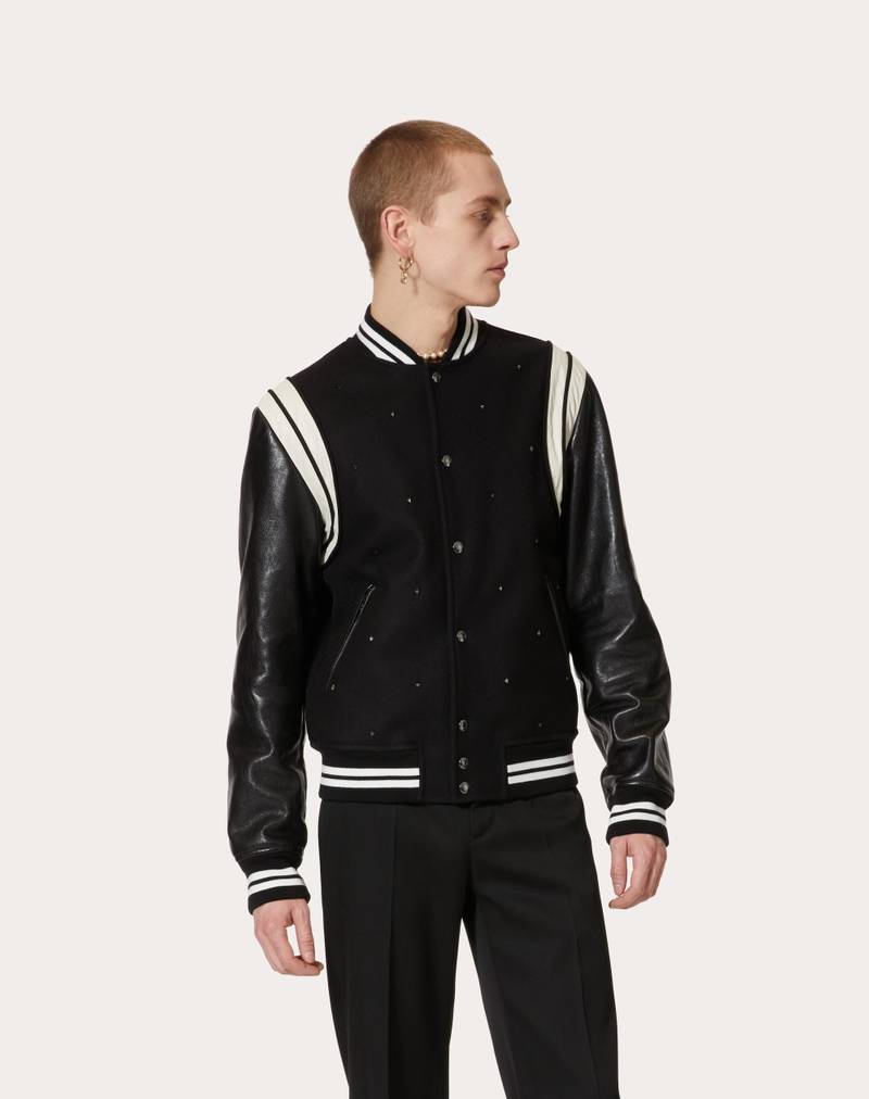 ALL-OVER ROCKSTUD SPIKE WOOL CLOTH AND LEATHER BOMBER JACKET 3