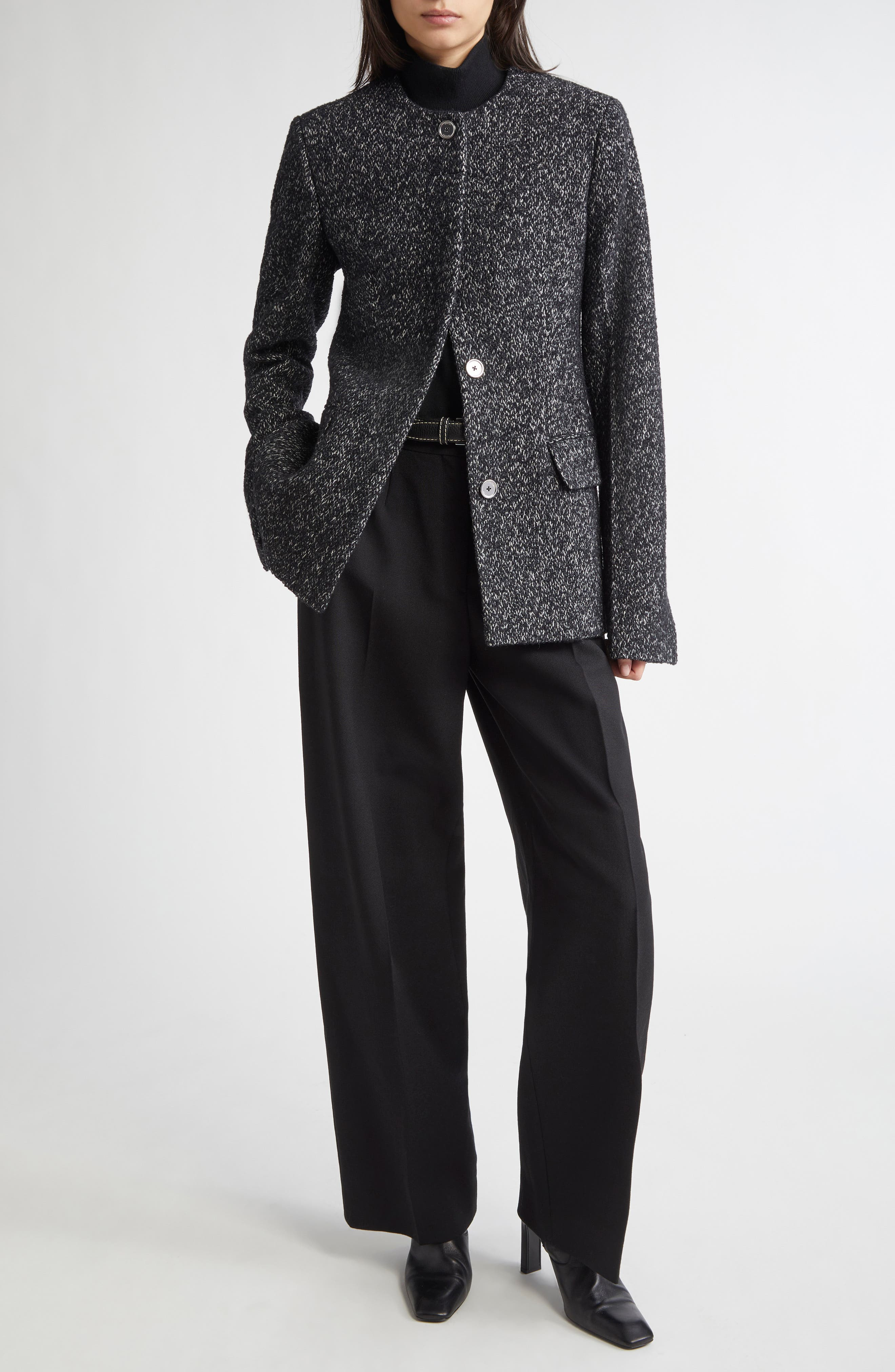 TOTEME Collarless Cinched Wool Blend Jacket in Black/White at Nordstrom - 2