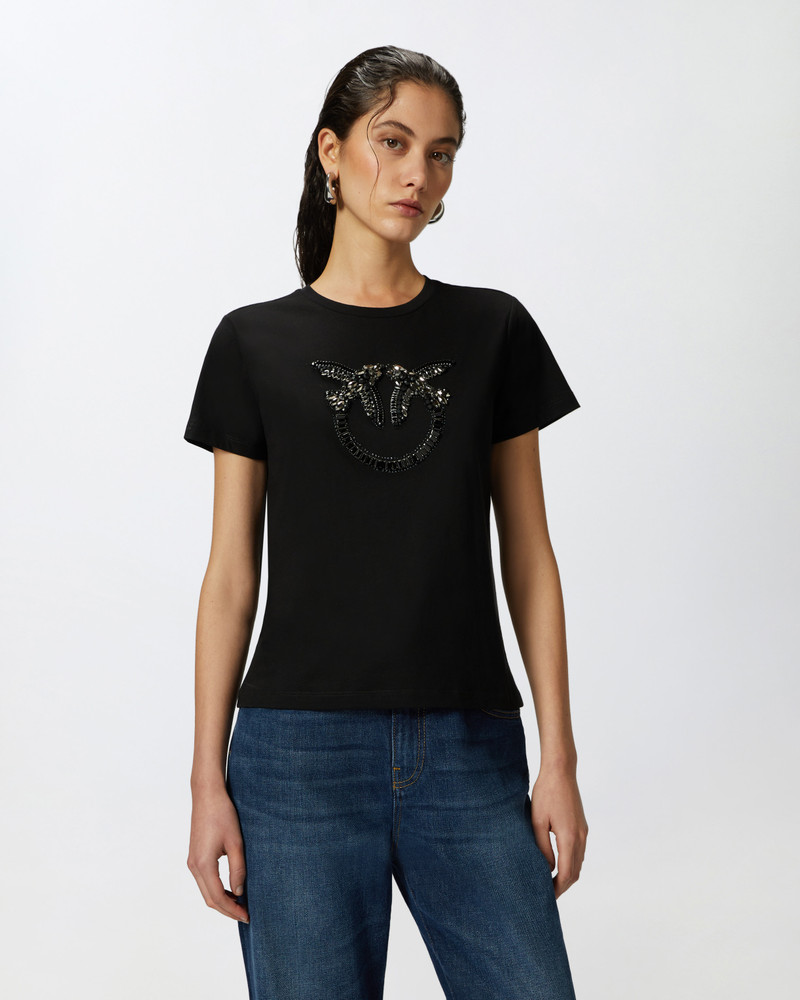 PINKO T-SHIRT WITH CRYSTAL-EMBROIDERED LOVE BIRDS LOGO outlook
