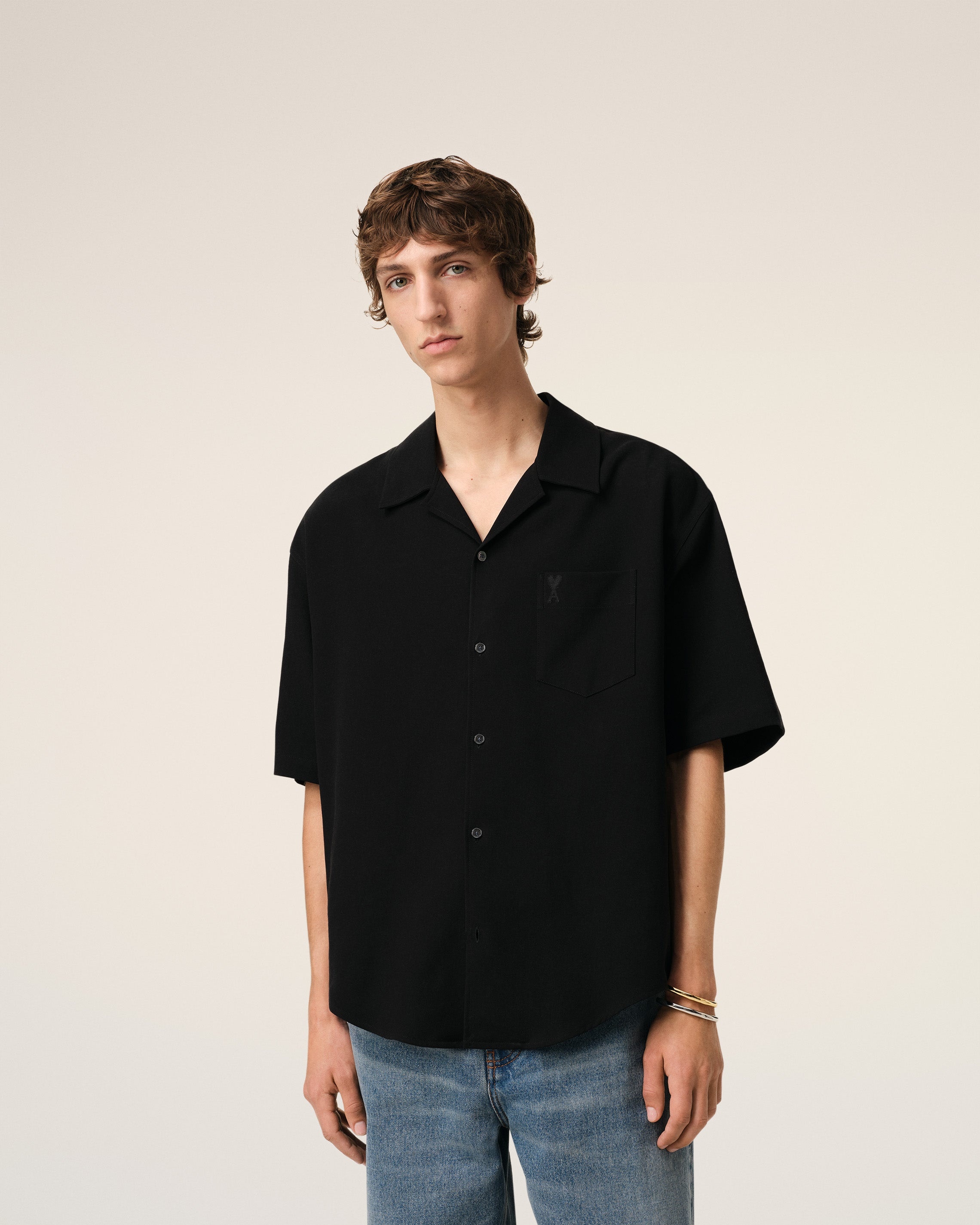 BLACK COTTON CAMP COLLAR SHORT SLEEVES SHIRT - 3
