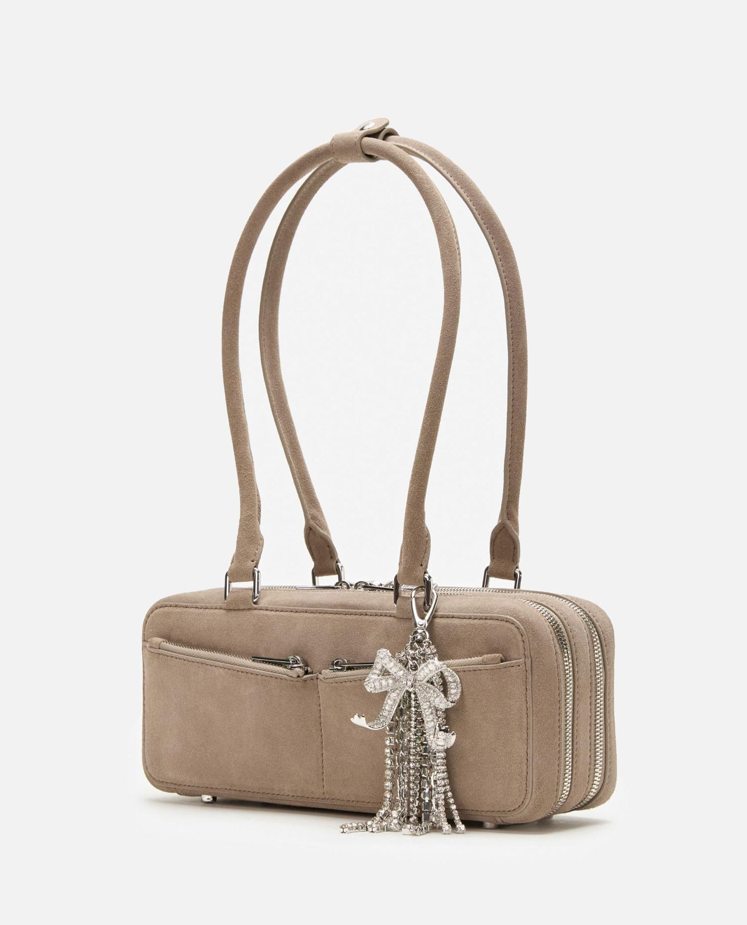 GREY SUEDE BAGUETTE SHOULDER BAG WITH CHARM - 2
