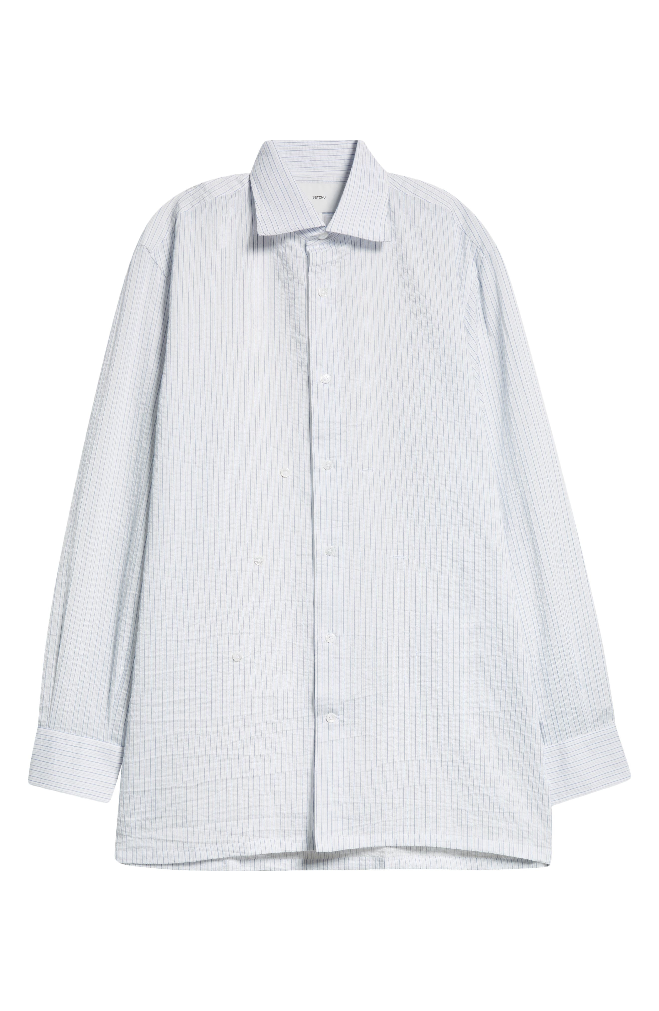 SETCHU Hook & Eye Stripe Cotton & Linen Button-Up Shirt in Light Blue Skystripe at Nordstrom - 7