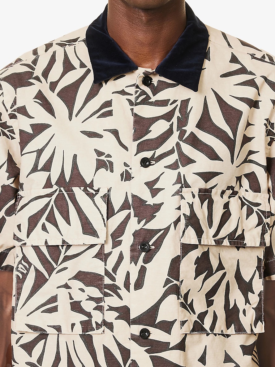 Leaf-print contrast-collar cotton shirt - 5
