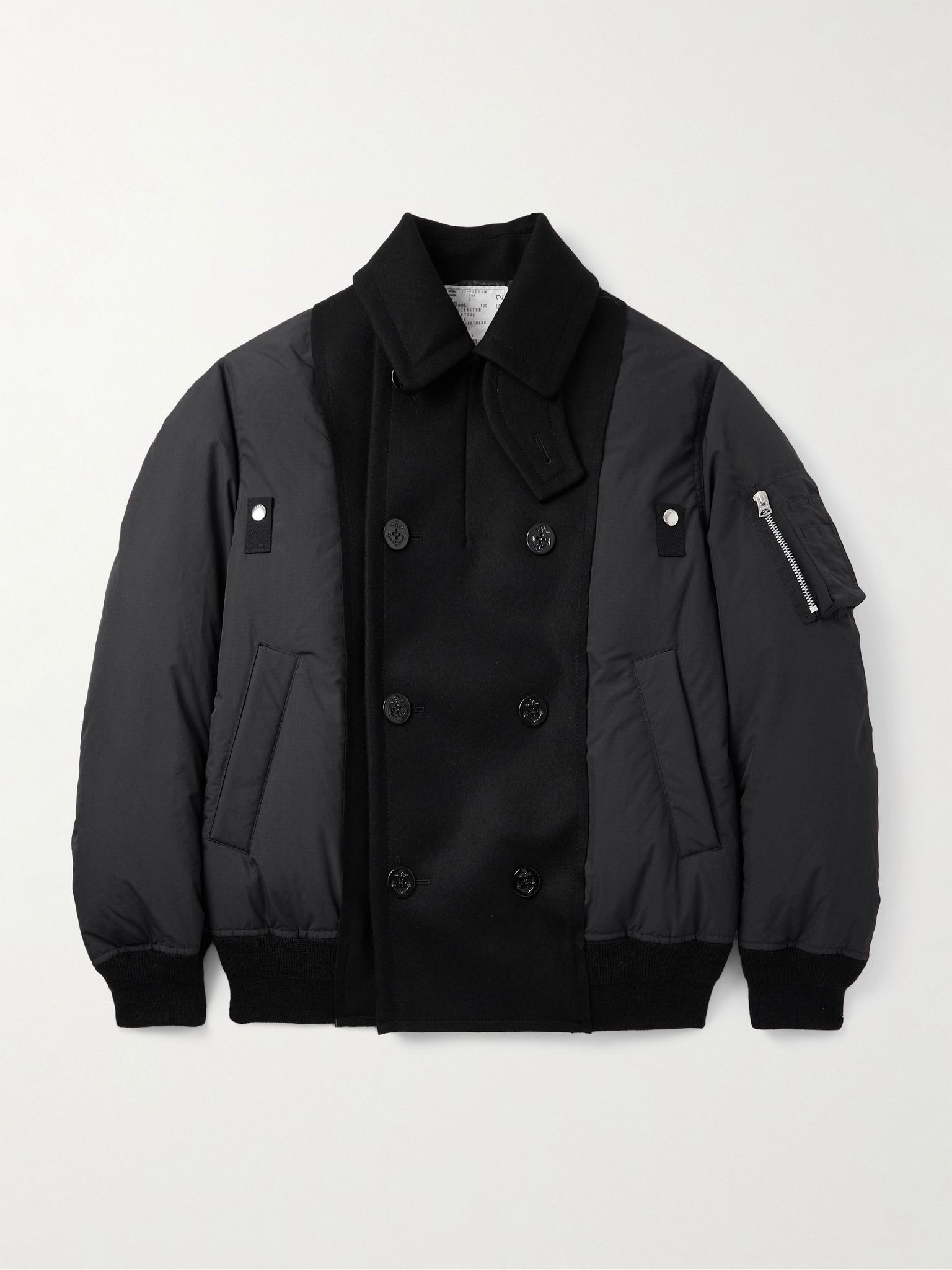 Double-Breasted Wool and Ripstop Down Bomber Jacket Black - 1