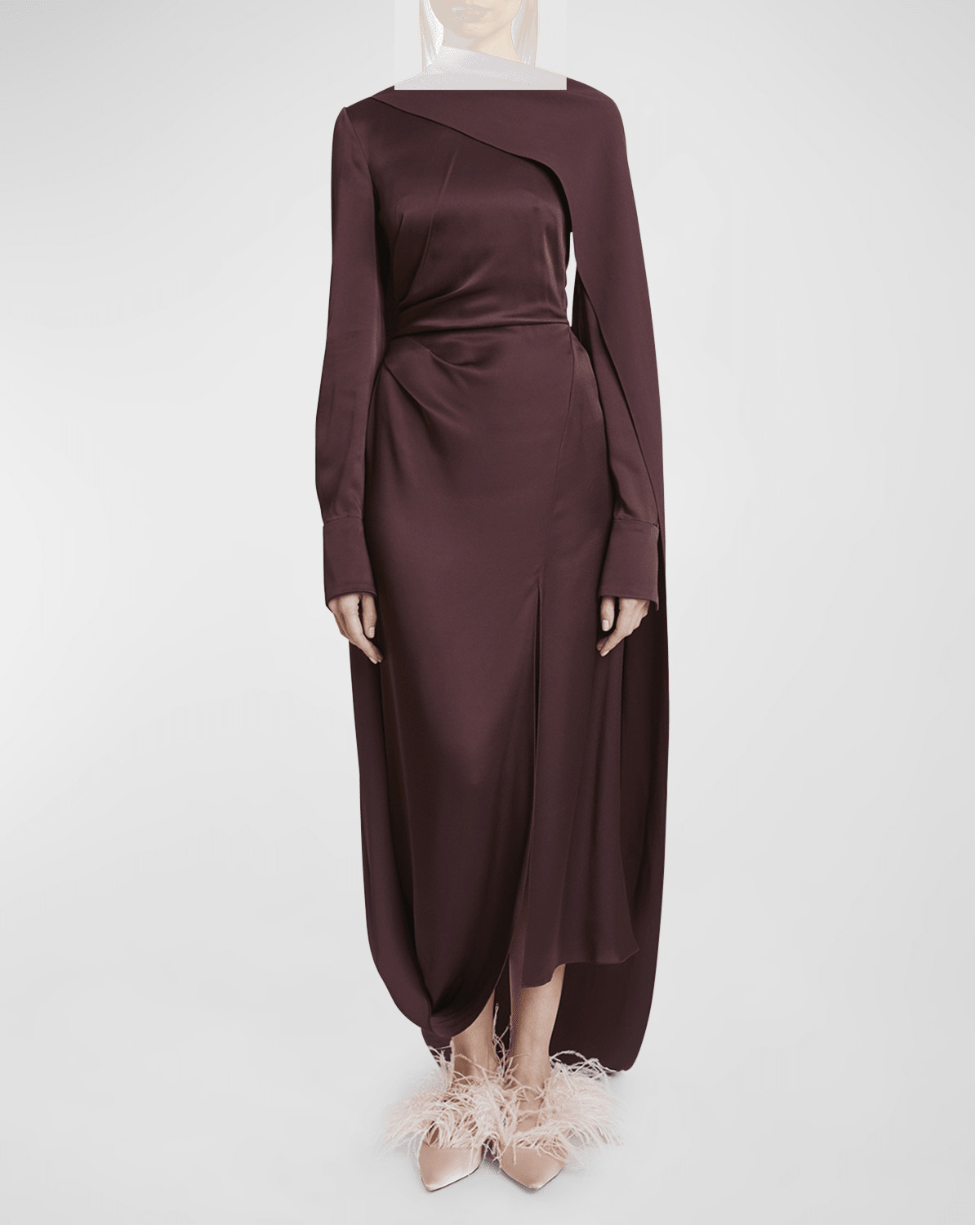 Long-Sleeve Draped Scarf Satin Maxi Dress - 3