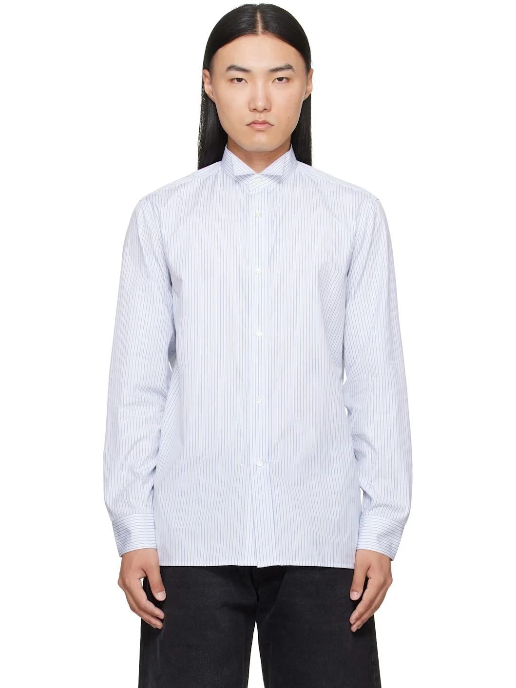 White & Blue Striped Cotton Shirt - 1