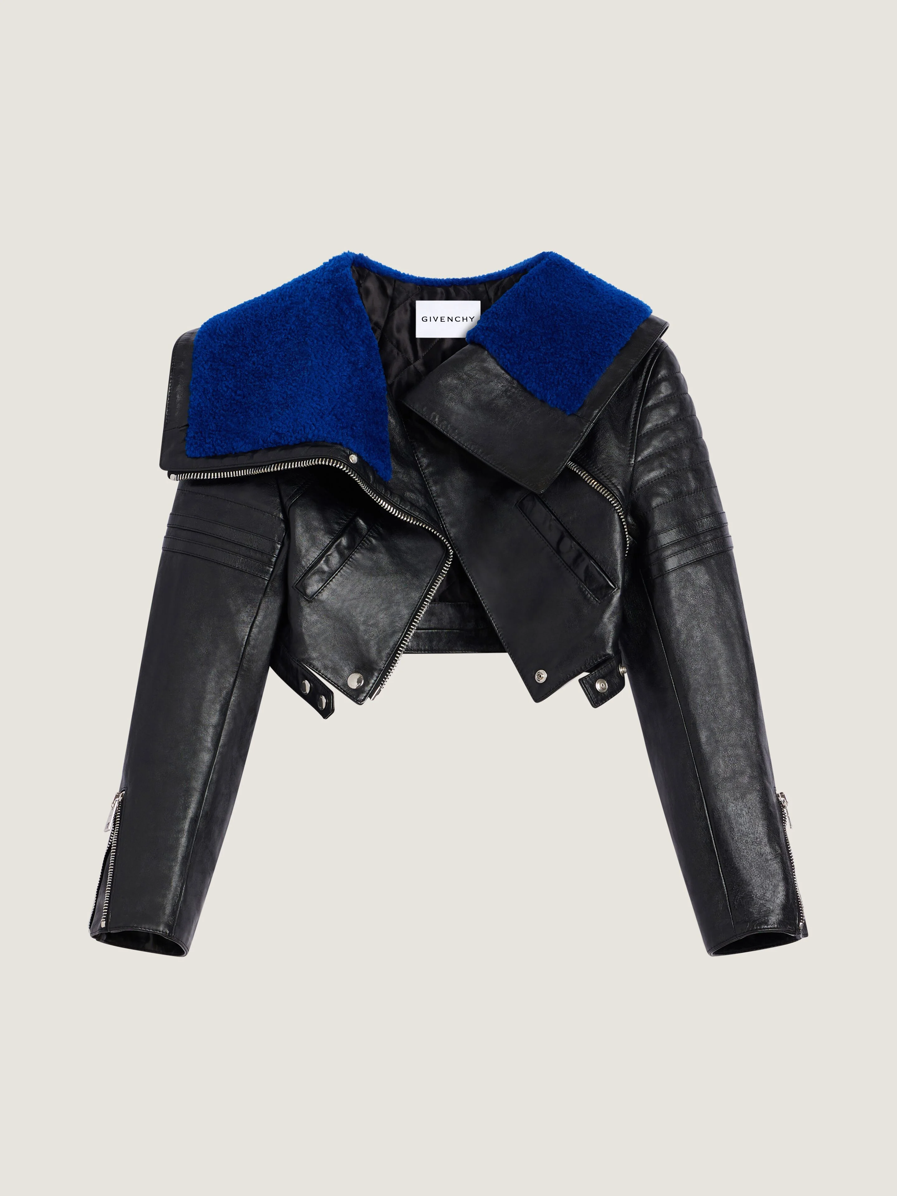 CROPPED BIKER JACKET IN SHINY LEATHER WITH SHEARLING - 1