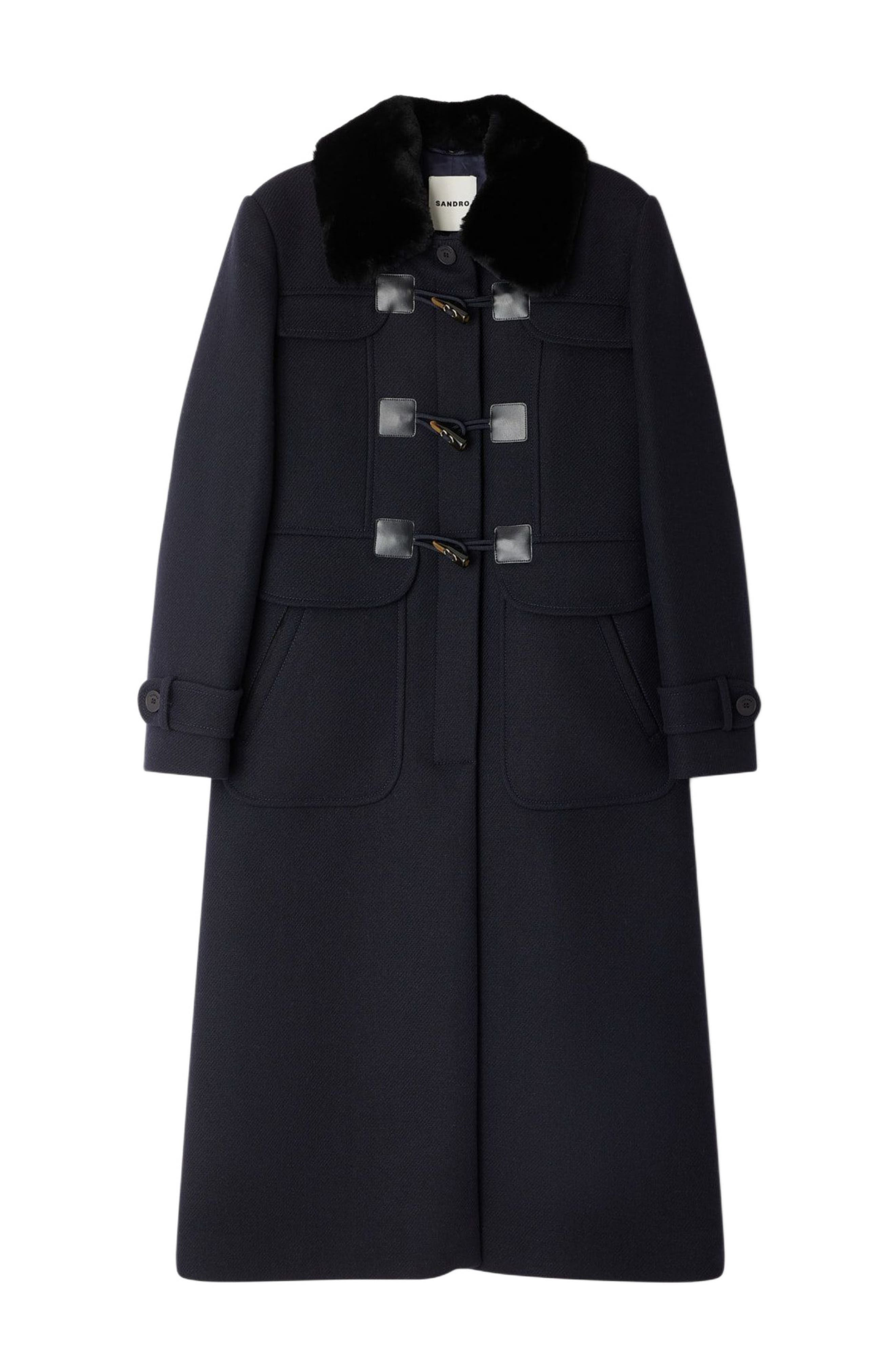 SANDRO Long coat with velvet collar in Navy Blue at Nordstrom - 4