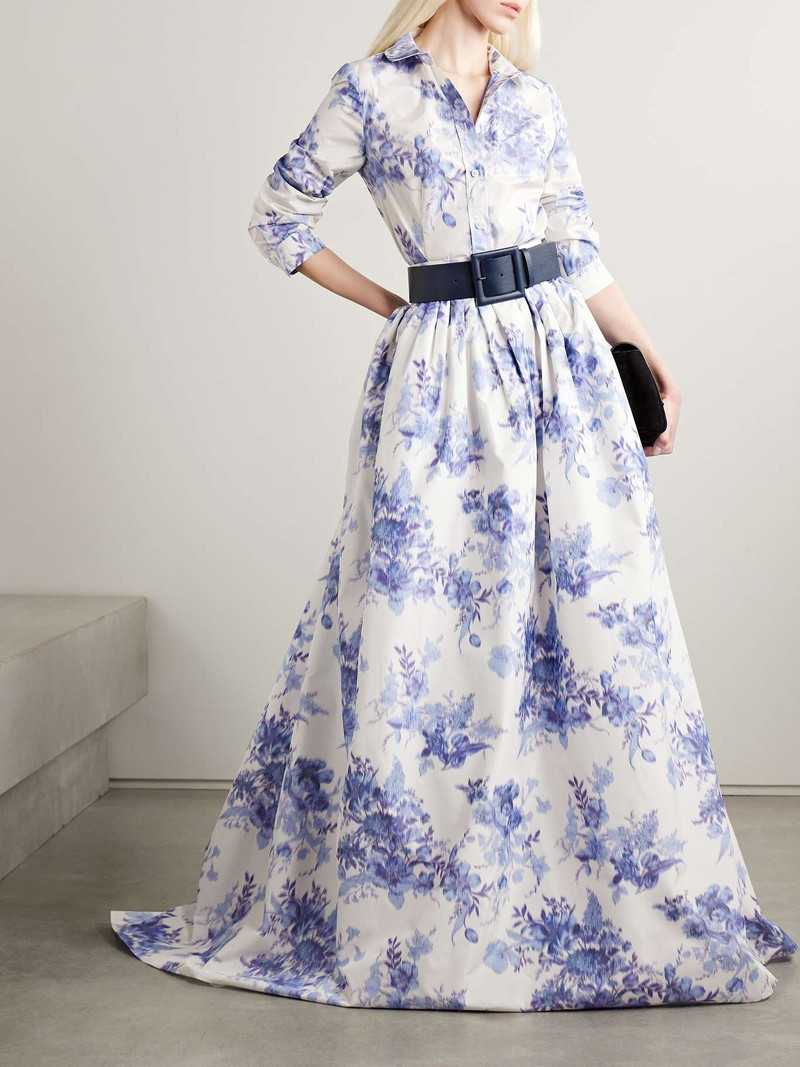 CAROLINA HERRERA Pleated floral-print taffeta maxi skirt Blue outlook