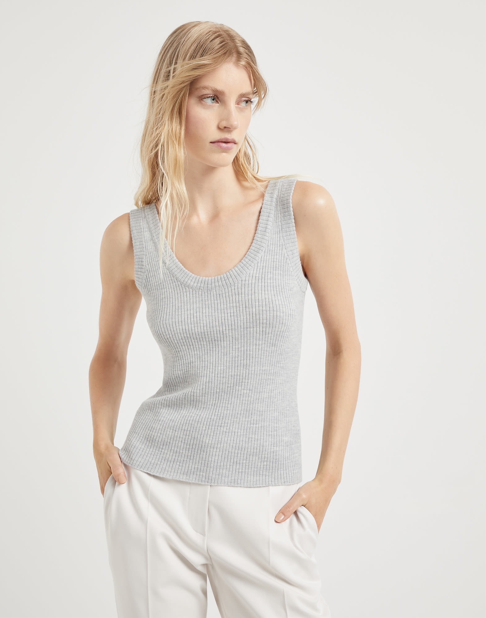 Virgin wool and cashmere rib knit top with monili - 1