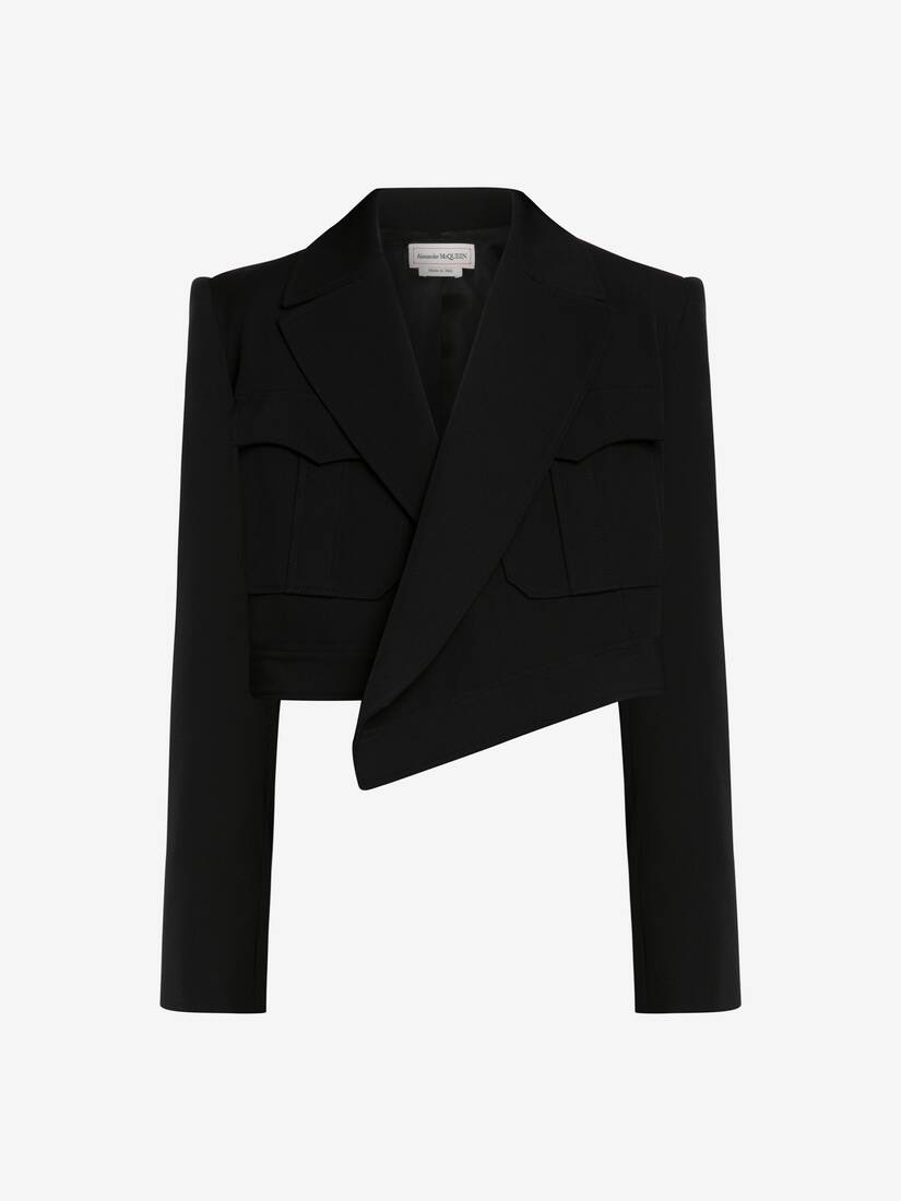 Women's Asymmetric Military Cropped Jacket in Black - 1