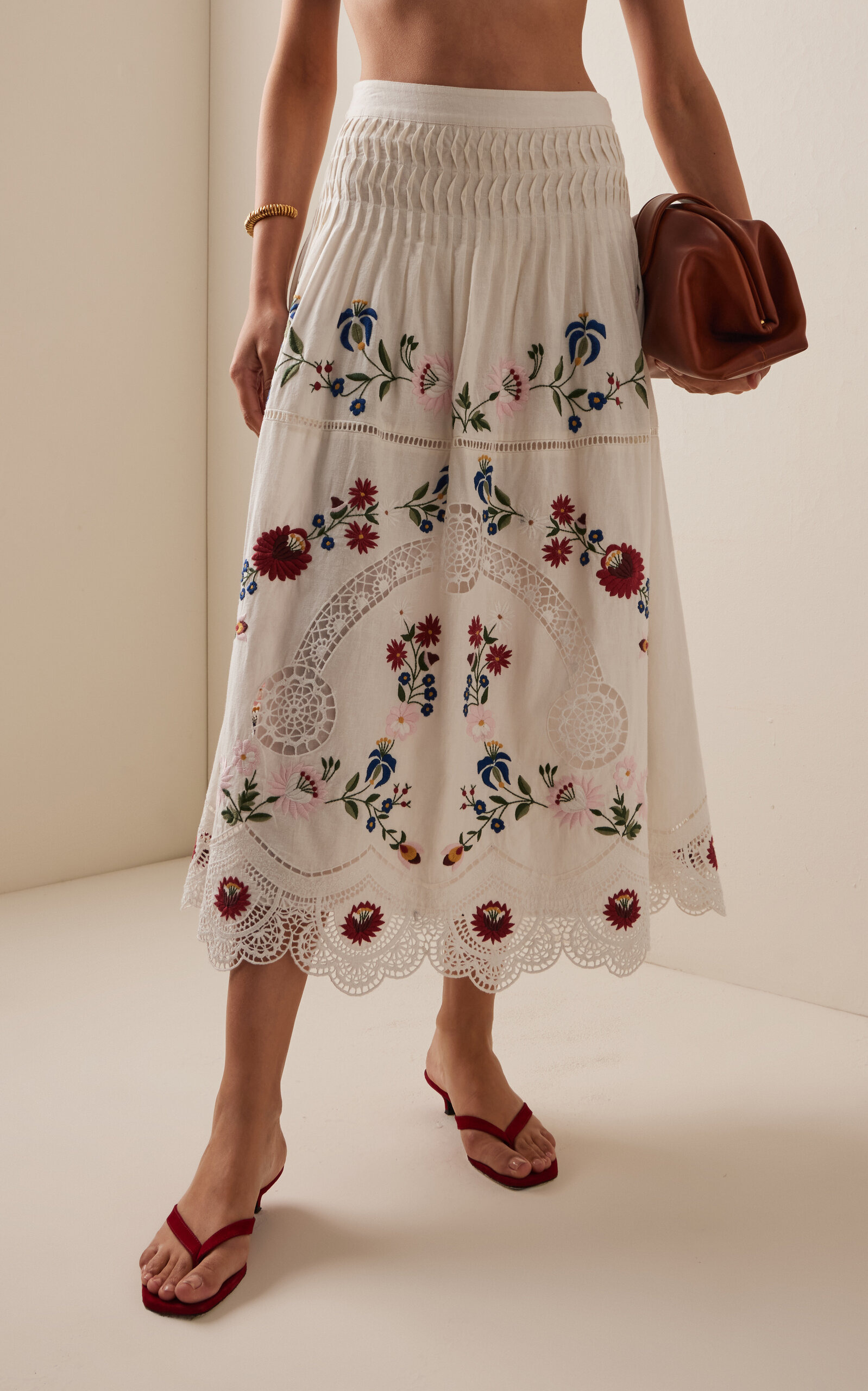 Celia Embroidered Cotton-Linen Midi Skirt ivory - 3