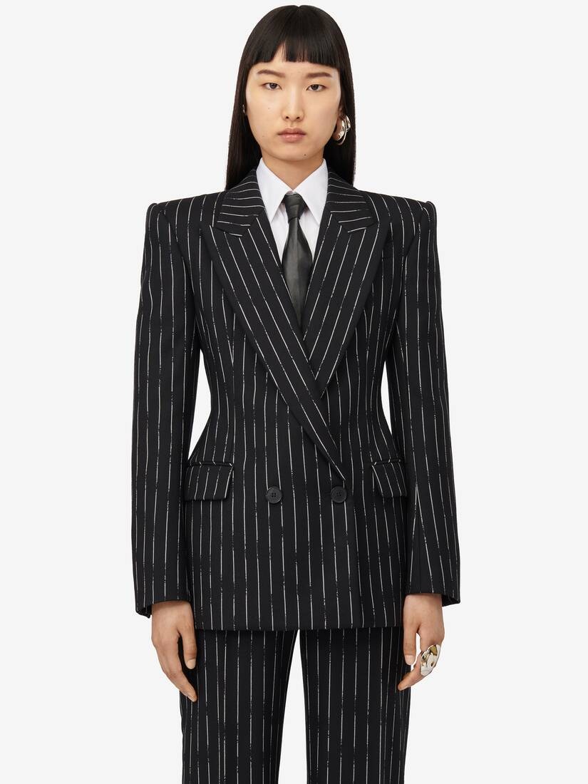 Women's Double-breasted Broken Pinstripe Jacket in Black/ivory - 5