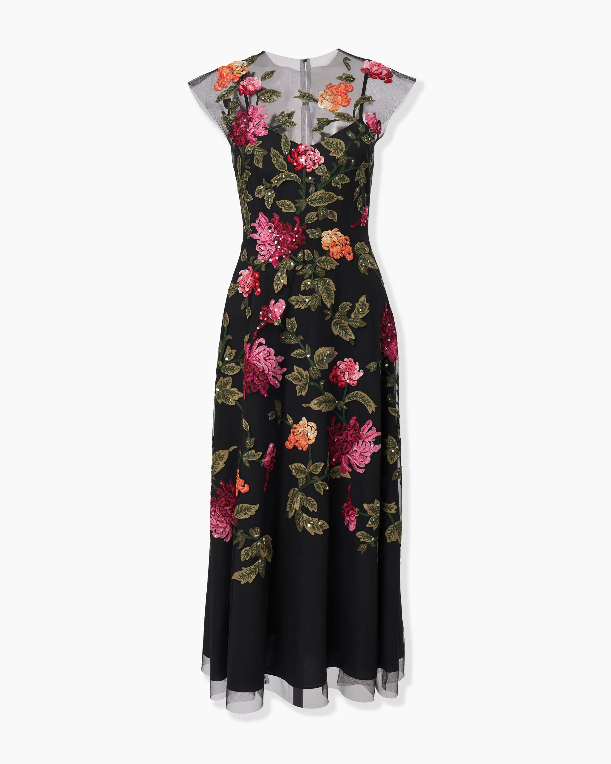 Floral-Embroidered Tulle Midi Dress - 1