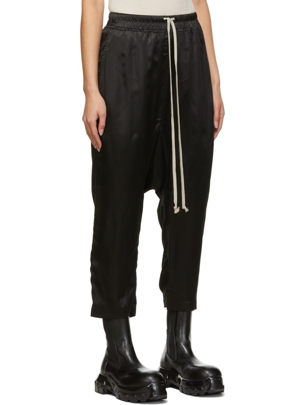 Black Satin Drawstring Cropped Lounge Pants - 2