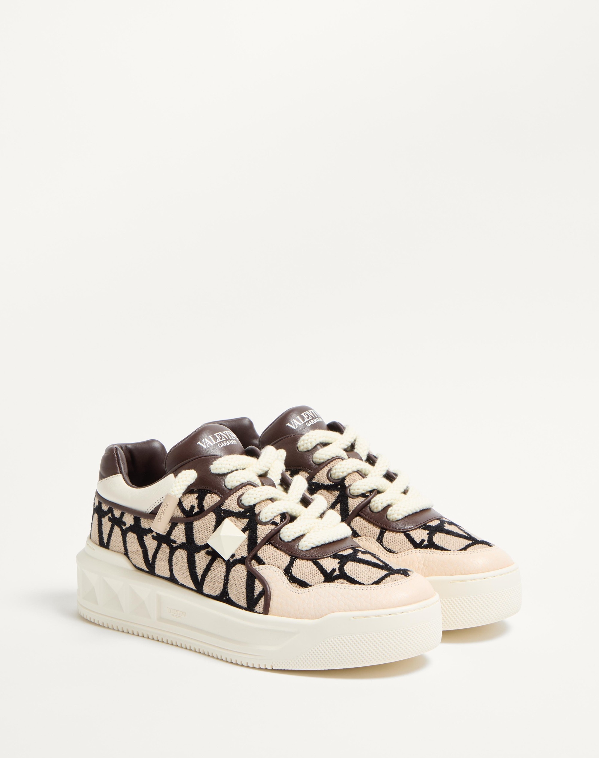 ONE STUD XL LOW-TOP SNEAKER IN NAPPA LEATHER AND TOILE ICONOGRAPHE FABRIC - 3