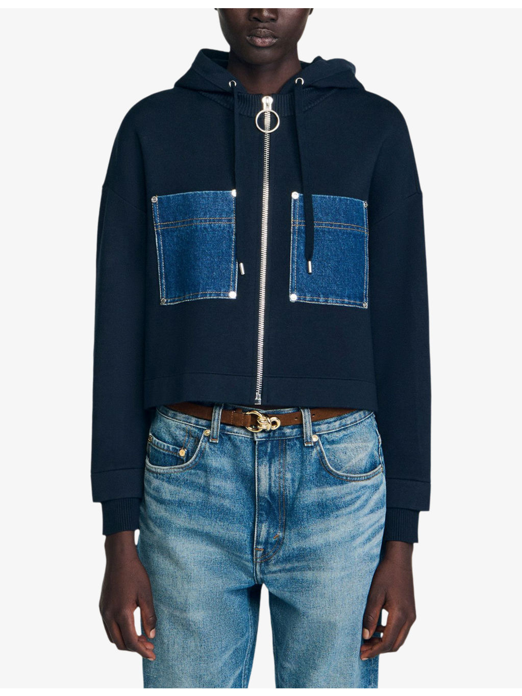 Denim-Pocket Relaxed-Fit Knitted Hoody - 3
