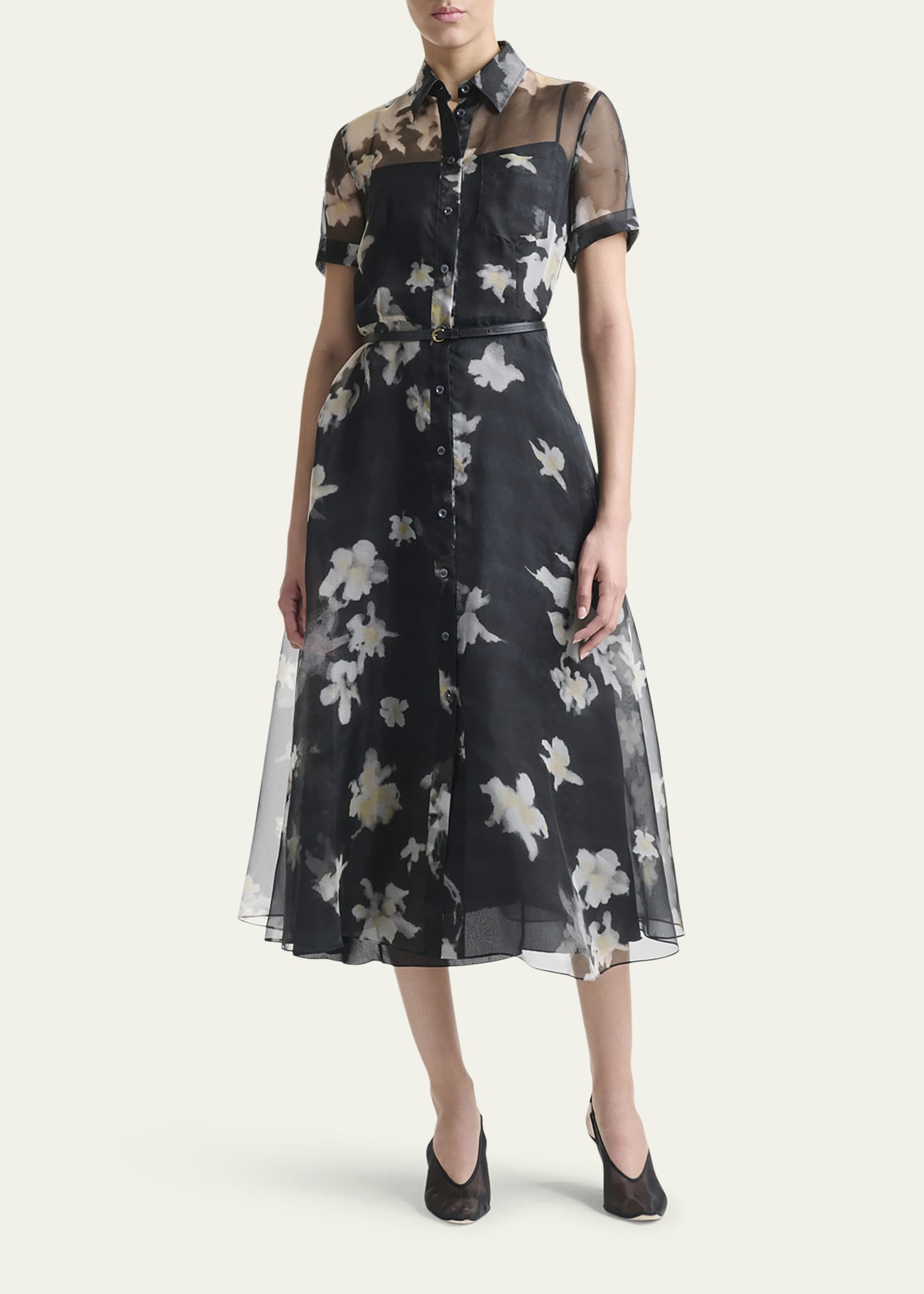 Kiera Floral Sheer Silk Midi Shirtdress - 2