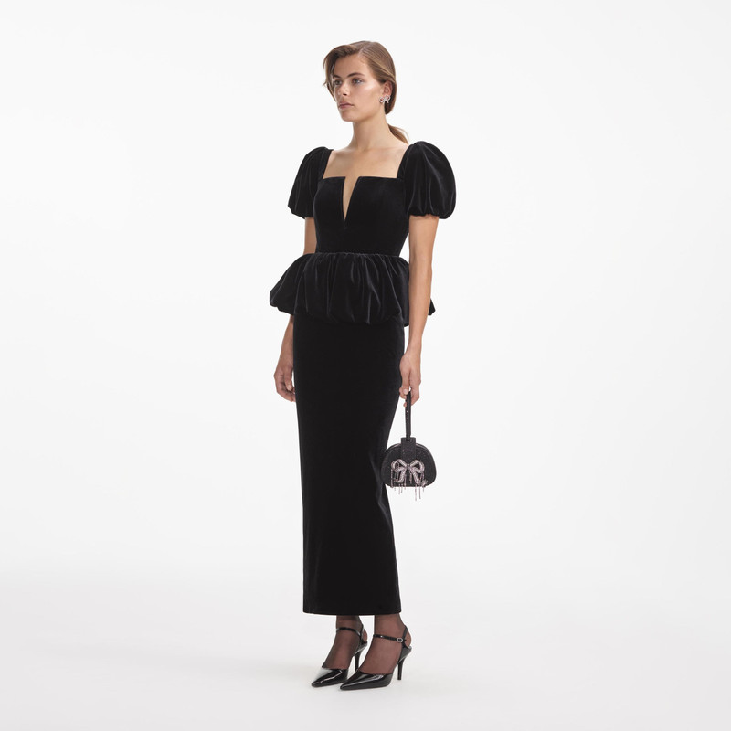 knee length dresses for ladies Black Velvet Strappy Midi Dress – self-portrait main image 0