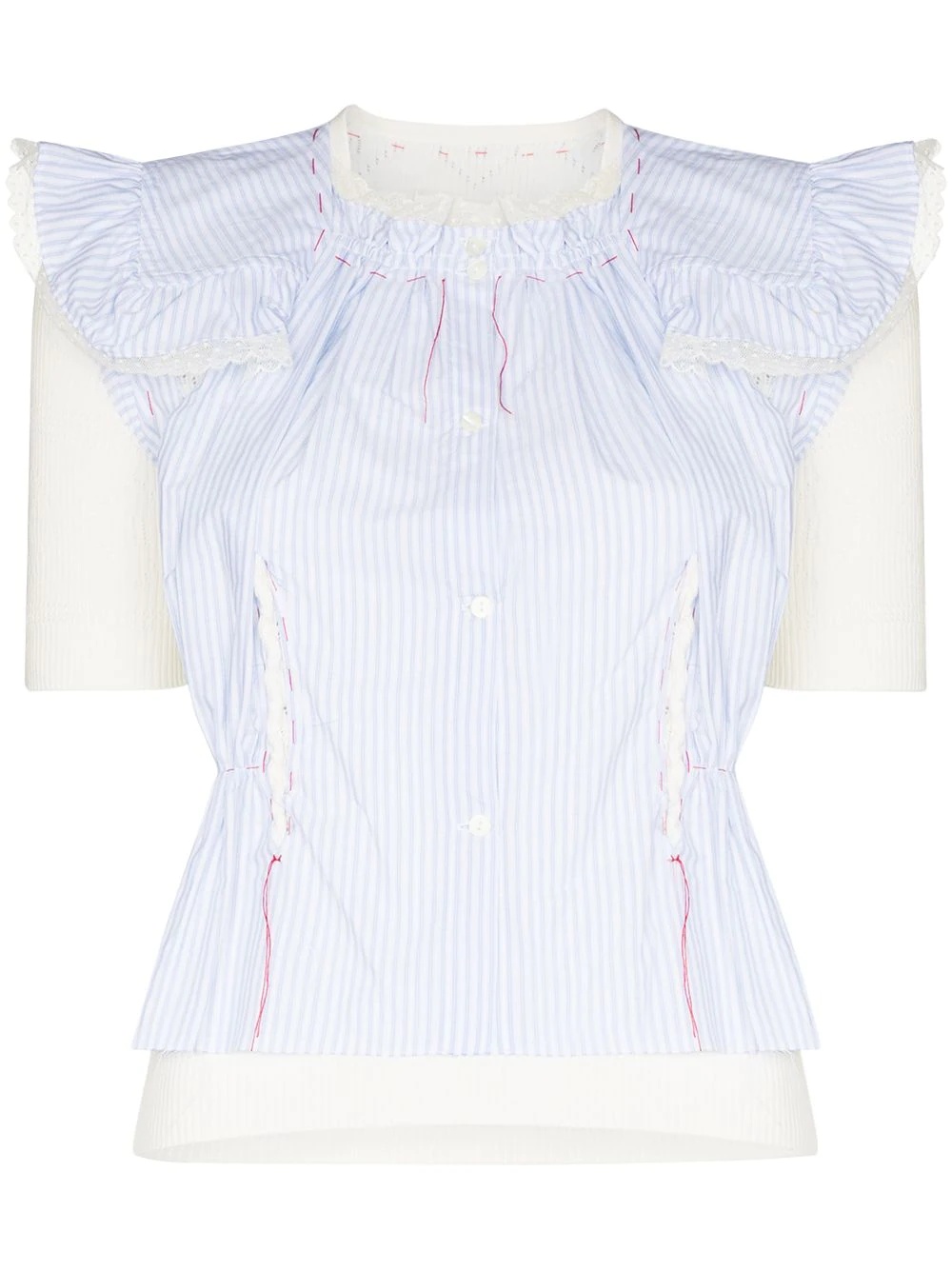 pinstriped ruffled short-sleeve panelled blouse - 1