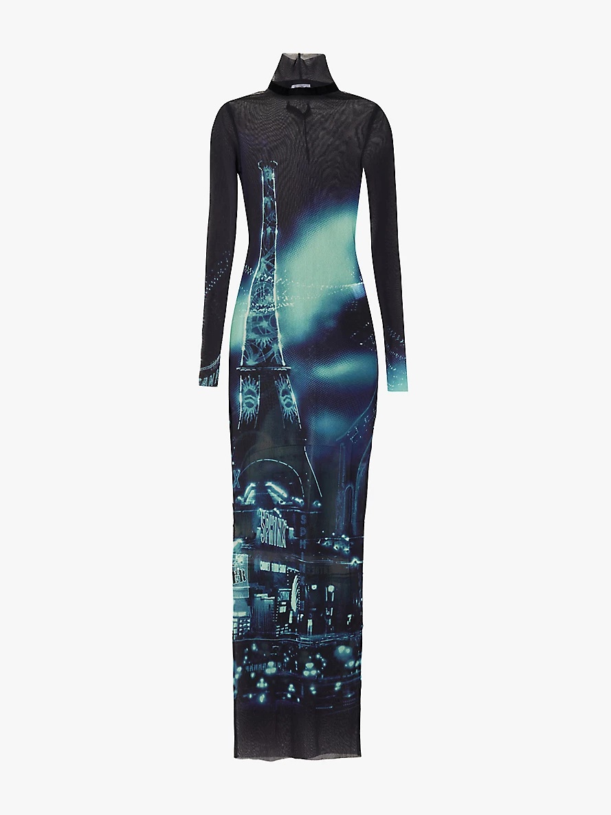 Graphic-print turtleneck mesh maxi dress - 1