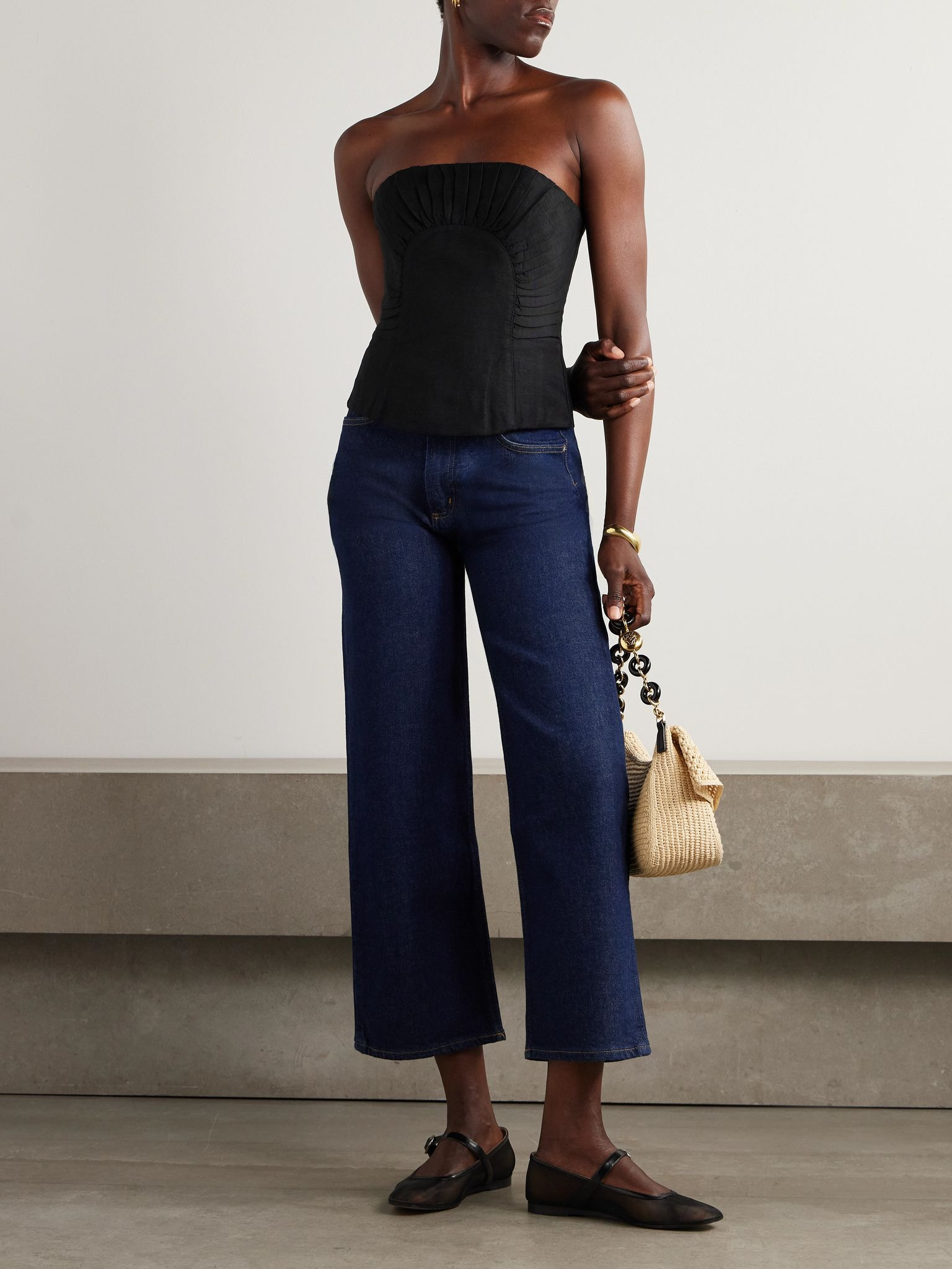 Otta strapless pleated linen-blend bustier top Black - 2