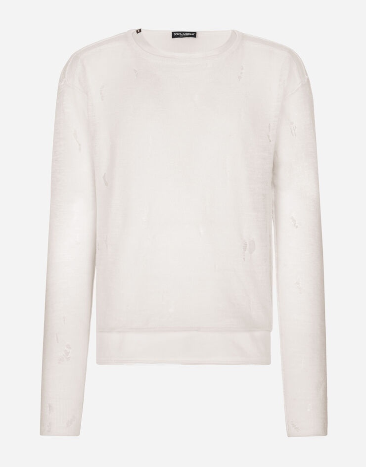 Round-neck technical linen sweater with rips - 1